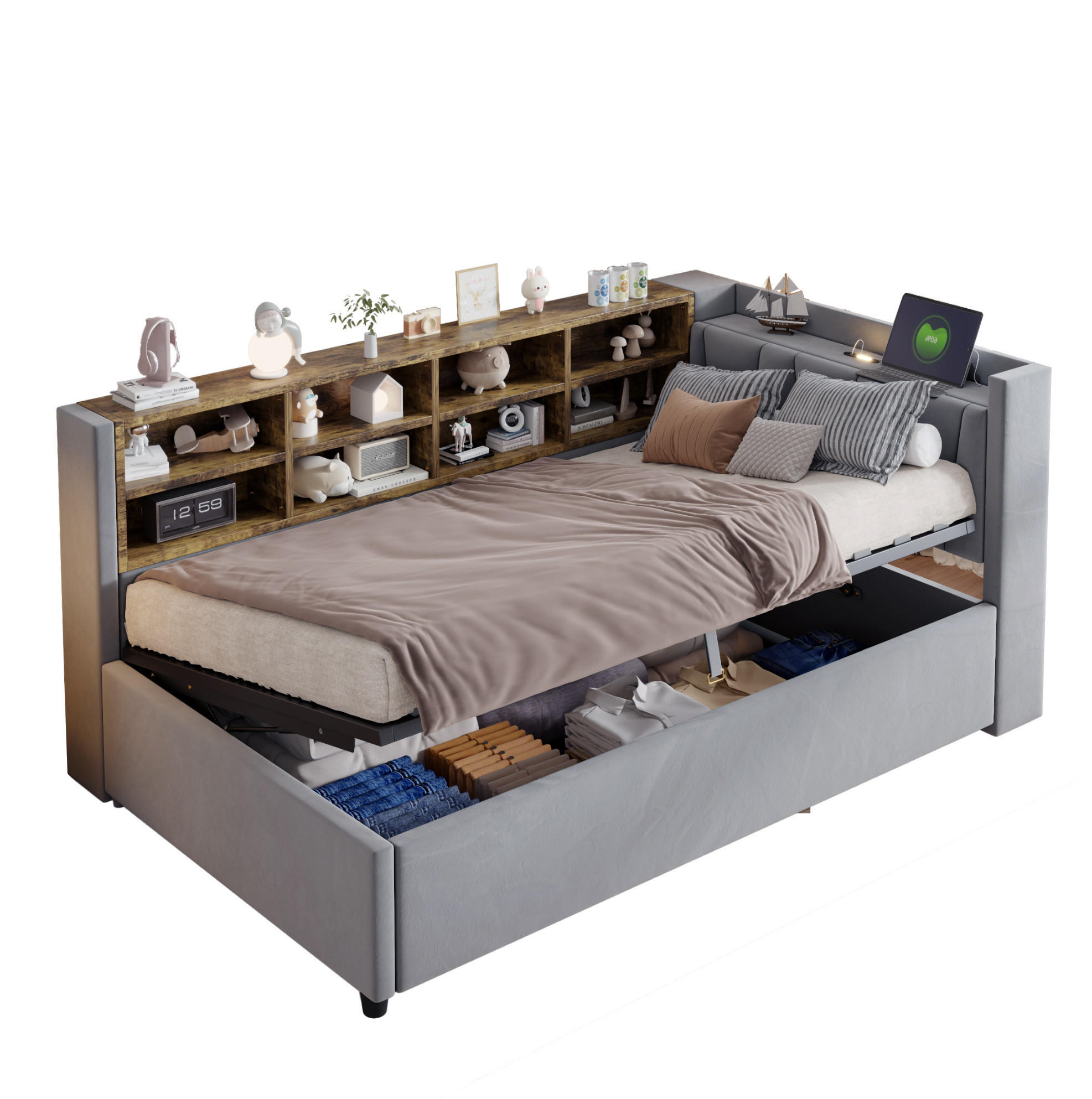 POLSTERBETT aus Samt 90x200 cm Grau mit hydraulischem Stauraum, Nachtlicht, USB- und Typ-C-Anschluss - Hellgrau, Textil (90/200cm) - IVMEU