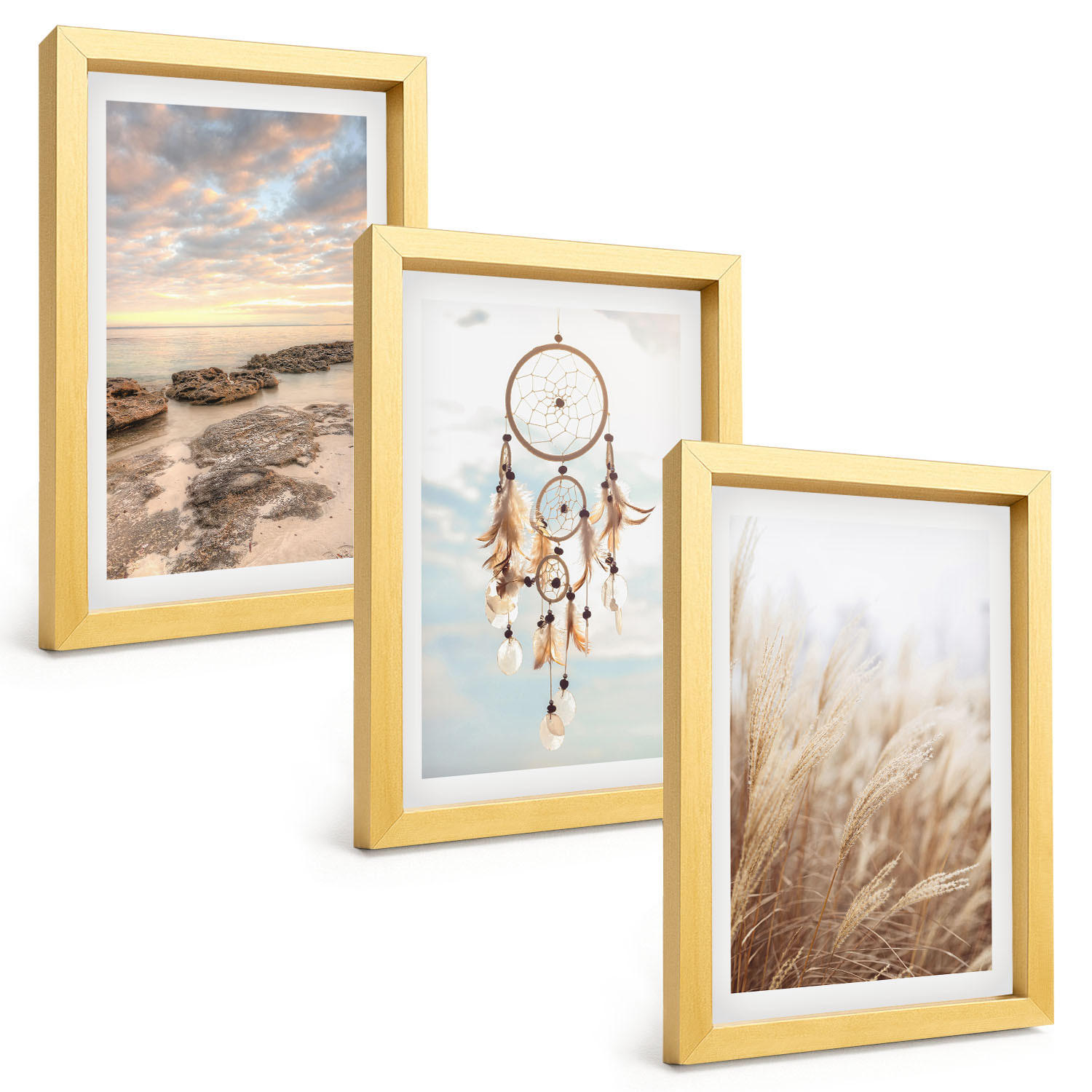 BILDER SET 3er Set - 20x30 cm Goldrahmen - Wolkenmeer, Traumfänger, Gras - Goldfarben, Kunststoff (20/30cm) - TULUP