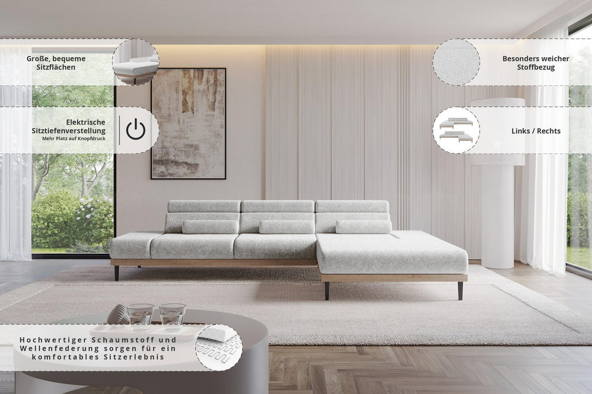 ELEKTRISCHES ECKSOFA Rechts MONA 316x205x85 Grau Velours - Grau, Holzwerkstoff/Textil (316/205cm) - ALTDECOR