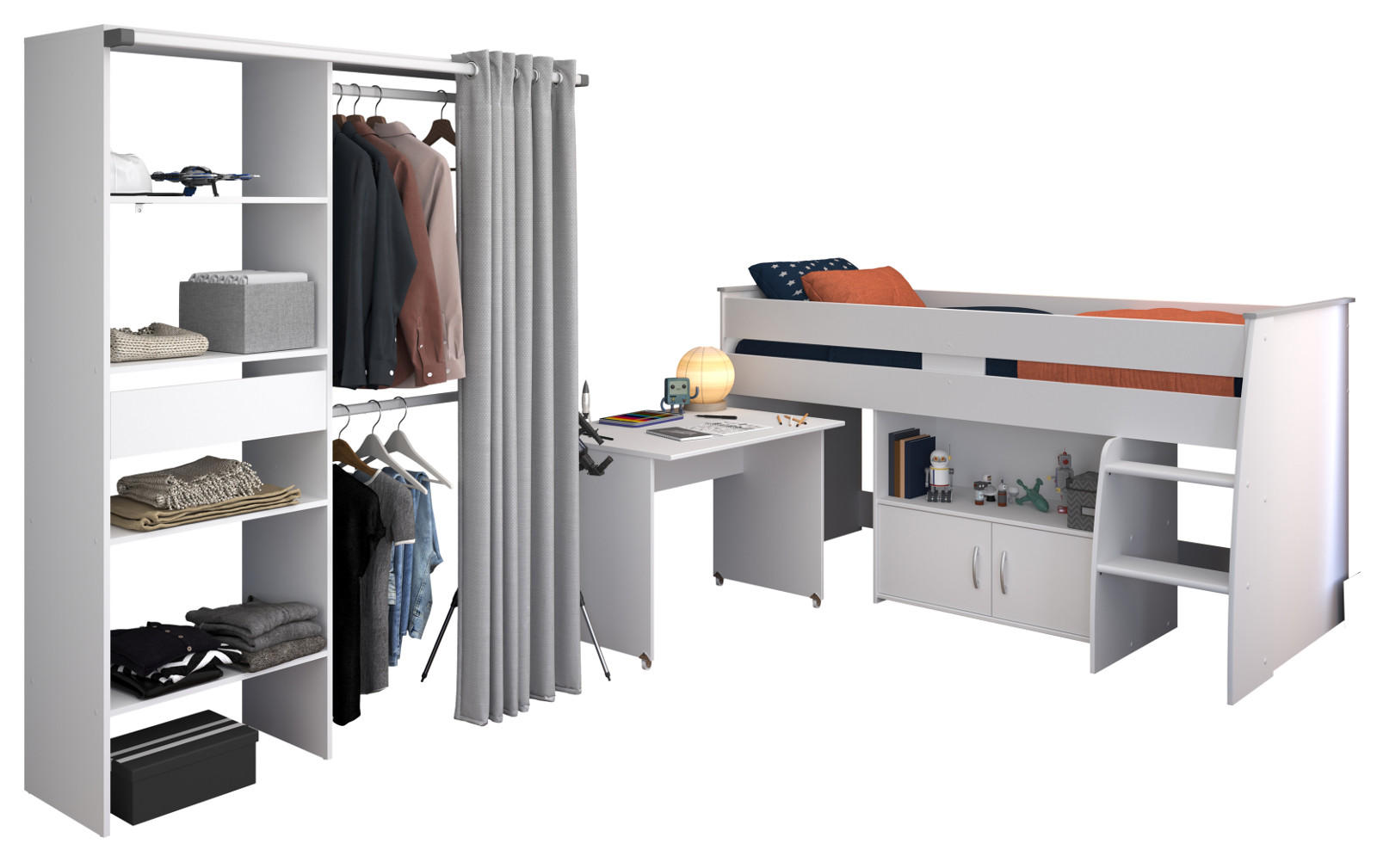 KINDERZIMMER weiß 2-teilig, Jugendzimmer-Set mit Stauraumbett und Kleiderschrank - Schwarz/Weiß, Holzwerkstoff/Kunststoff (143/182/115cm) - Parisot Meuble