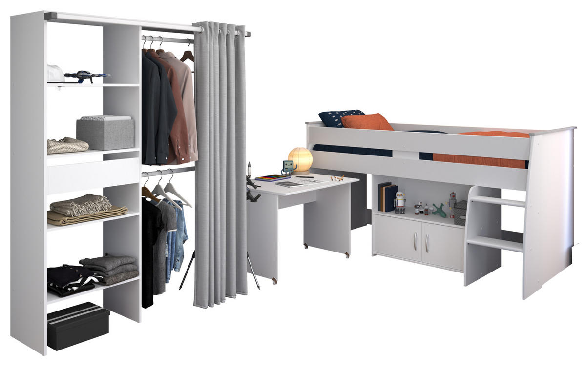 KINDERZIMMER weiß 2-teilig, Jugendzimmer-Set mit Stauraumbett und Kleiderschrank - Schwarz/Weiß, Holzwerkstoff/Kunststoff (143/182/115cm) - Parisot Meuble