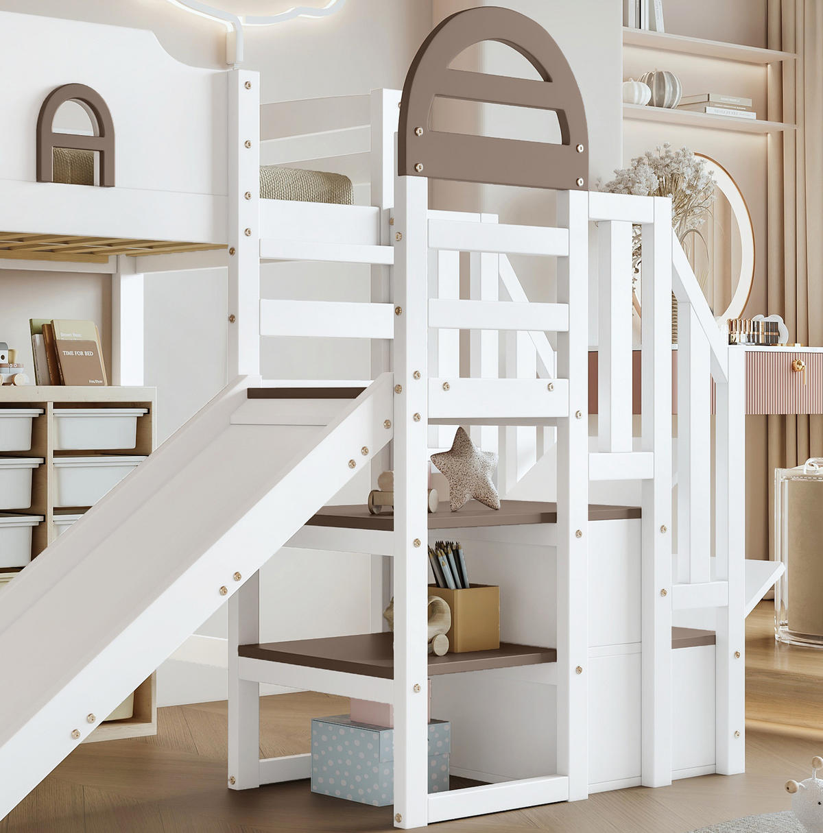 ETAGENBETT 90/200 cm Weiß mit Rutsche und Stauraum aus Kiefer und MDF - Weiß, Holzwerkstoff (90/200cm) - OKWISH