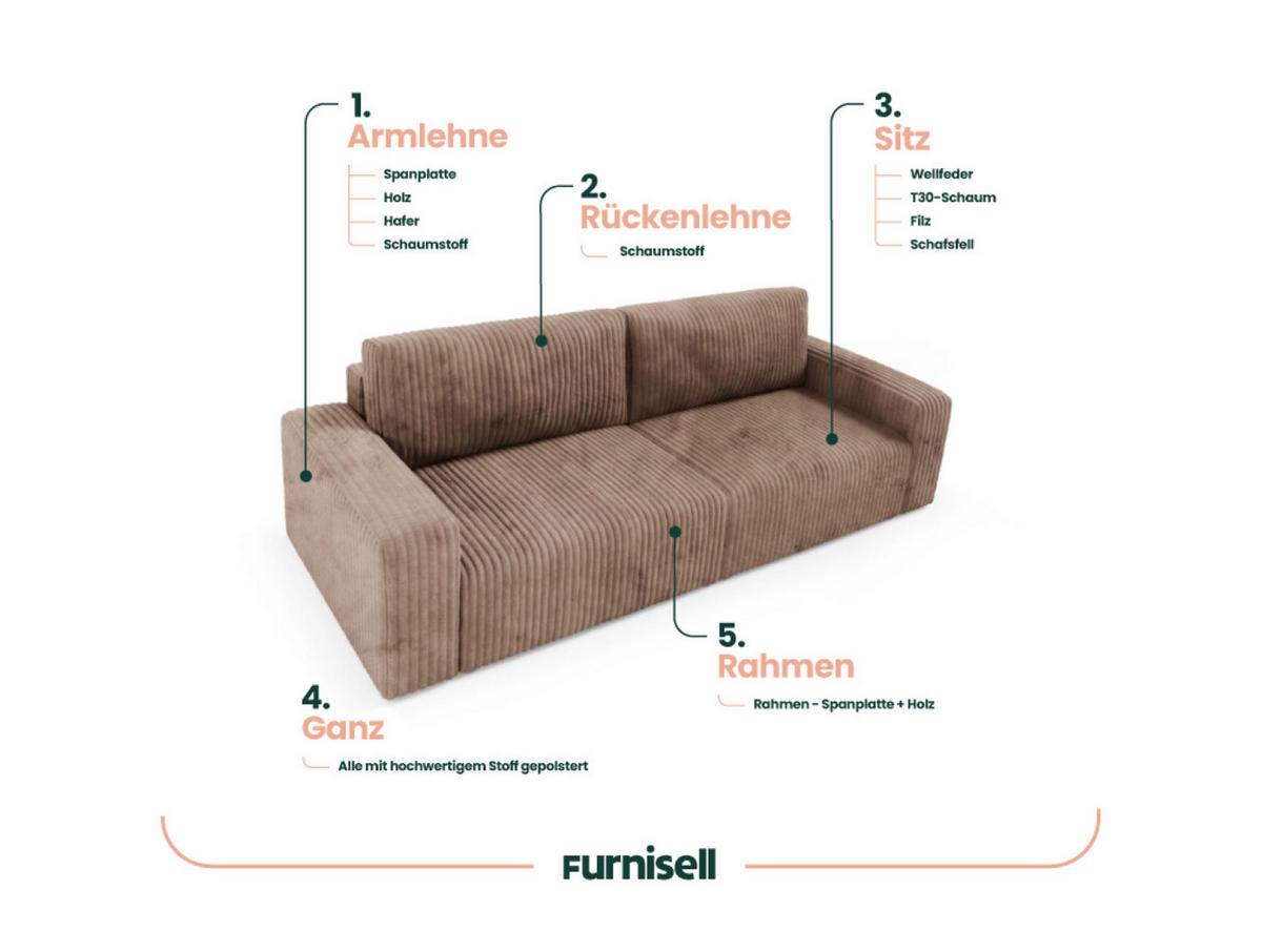 SCHLAFSOFA 4-Sitzer Cord Brown - Braun, Textil (244/70/102cm) - Furnisell