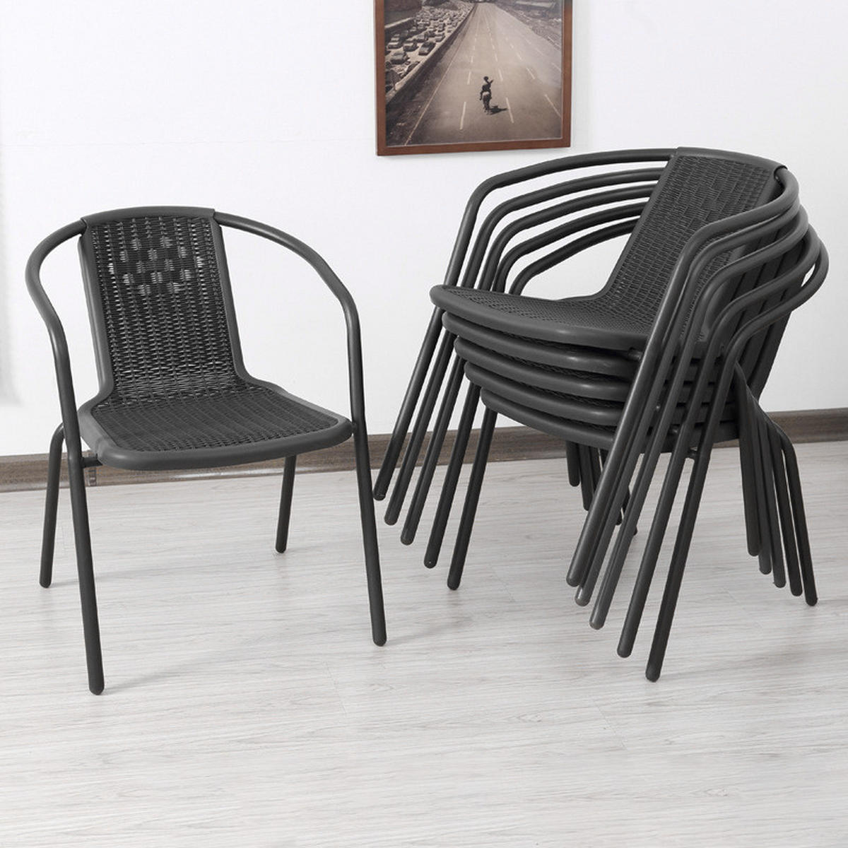STAPELSTUHL 4er-set (4 Stühle) aus PE-Rattan Metallgestell in Schwarz für Garten Terrase und Balkon 42 x 33 x 72 cm - Schwarz, Metall (33/72/42cm) - Livingandhome