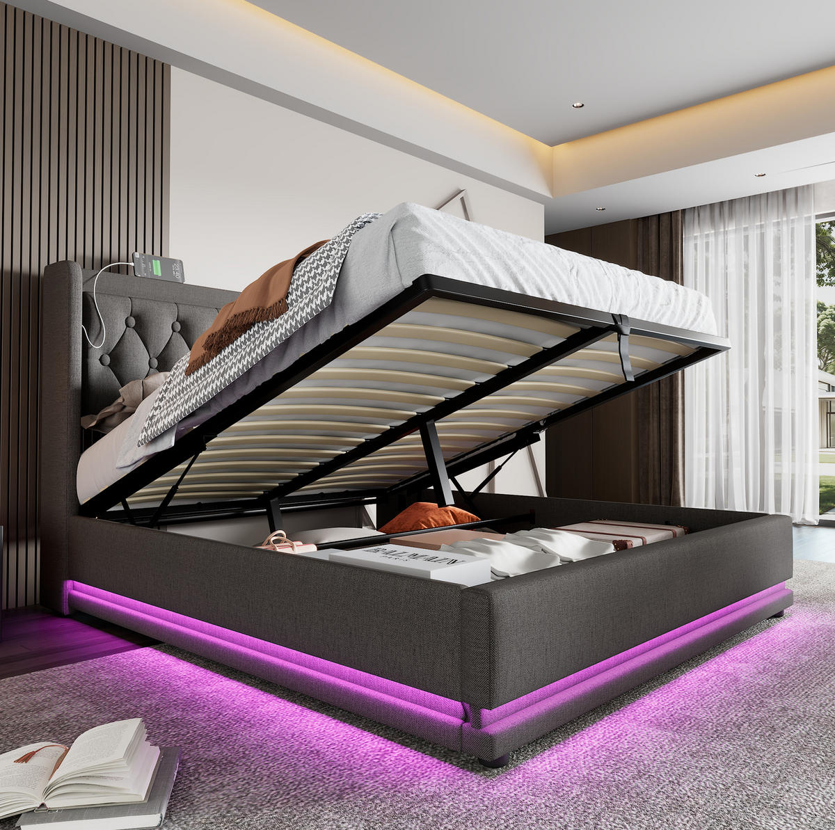 BETT mit Stauraum USB und LED 180x200 cm Baumwolle Grau - Grau, Metall (180/200cm) - Meubliv
