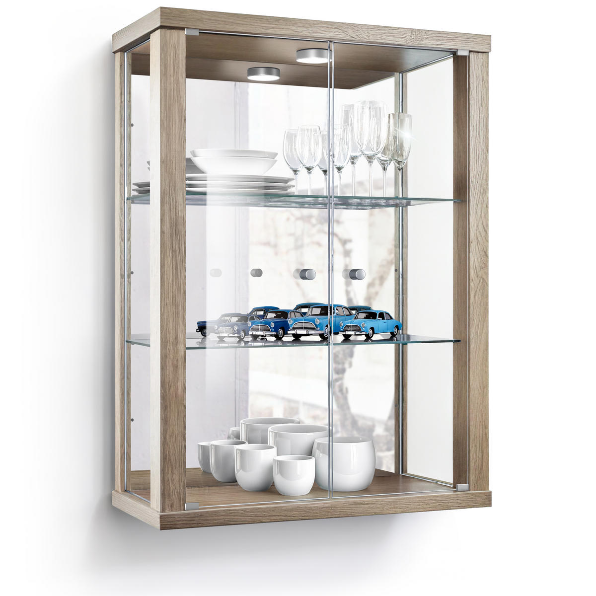 HÄNGEVITRINE 25/60/80 cm mit Spiegel, LED & 2 höhenverstellbaren Glasböden - Transparent/Silberfarben, Glas/Holzwerkstoff (60/80/25cm) - K-Möbel
