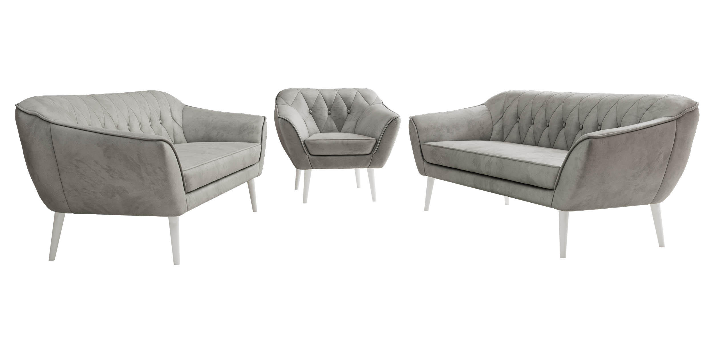 SEDACÍ SOUPRAVA 3+3+1 PIRS - Světle šedá Samet - Bílé nohy - bílá/světle šedá, kompozitní dřevo/textil (180/75/74cm) - MKS