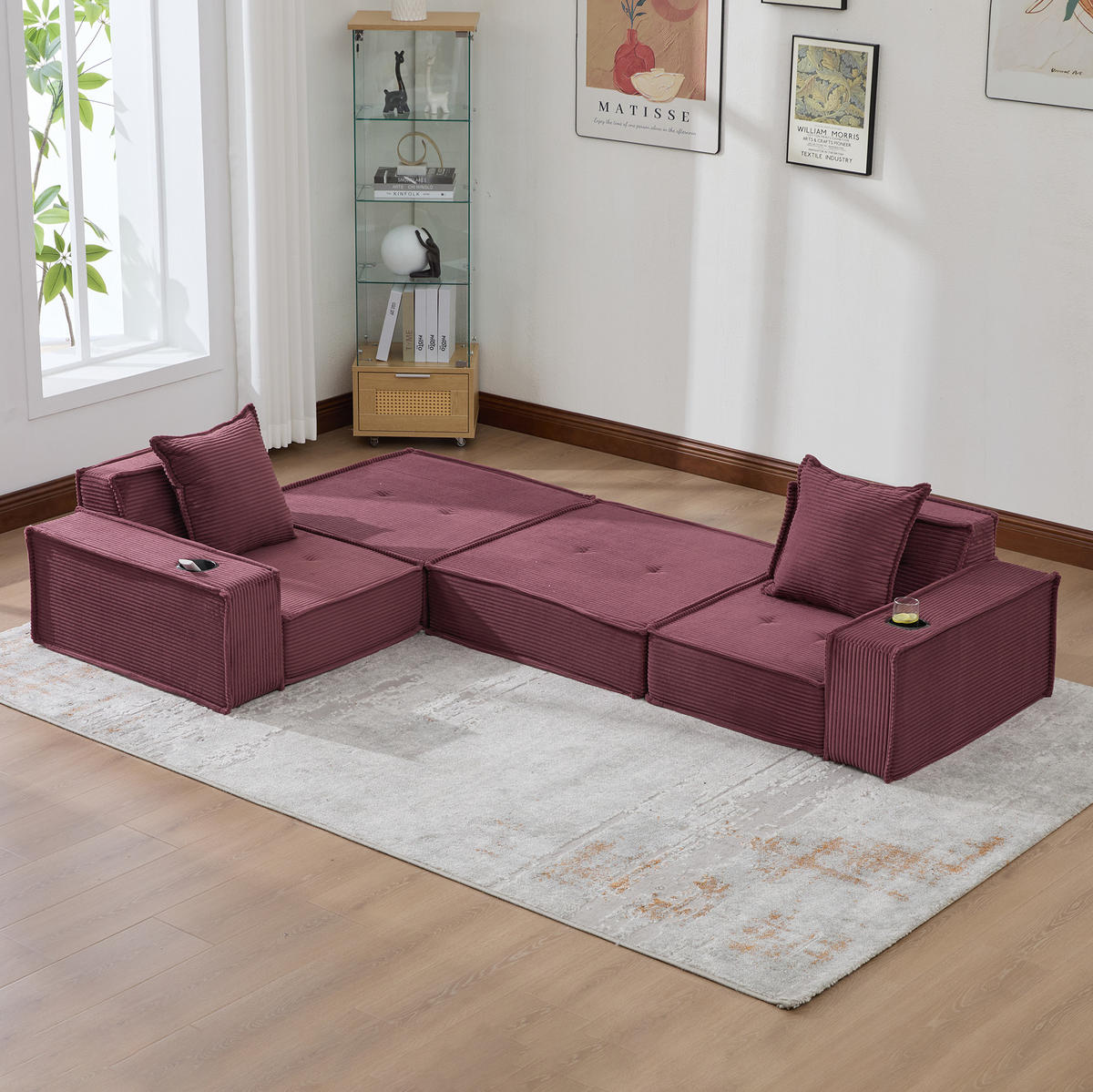 SOFA modular mit Seitentaschen 162 x 78 x 66 cm Cord Weinrot - Rot, Kunststoff (78/66/162cm) - Meubliv