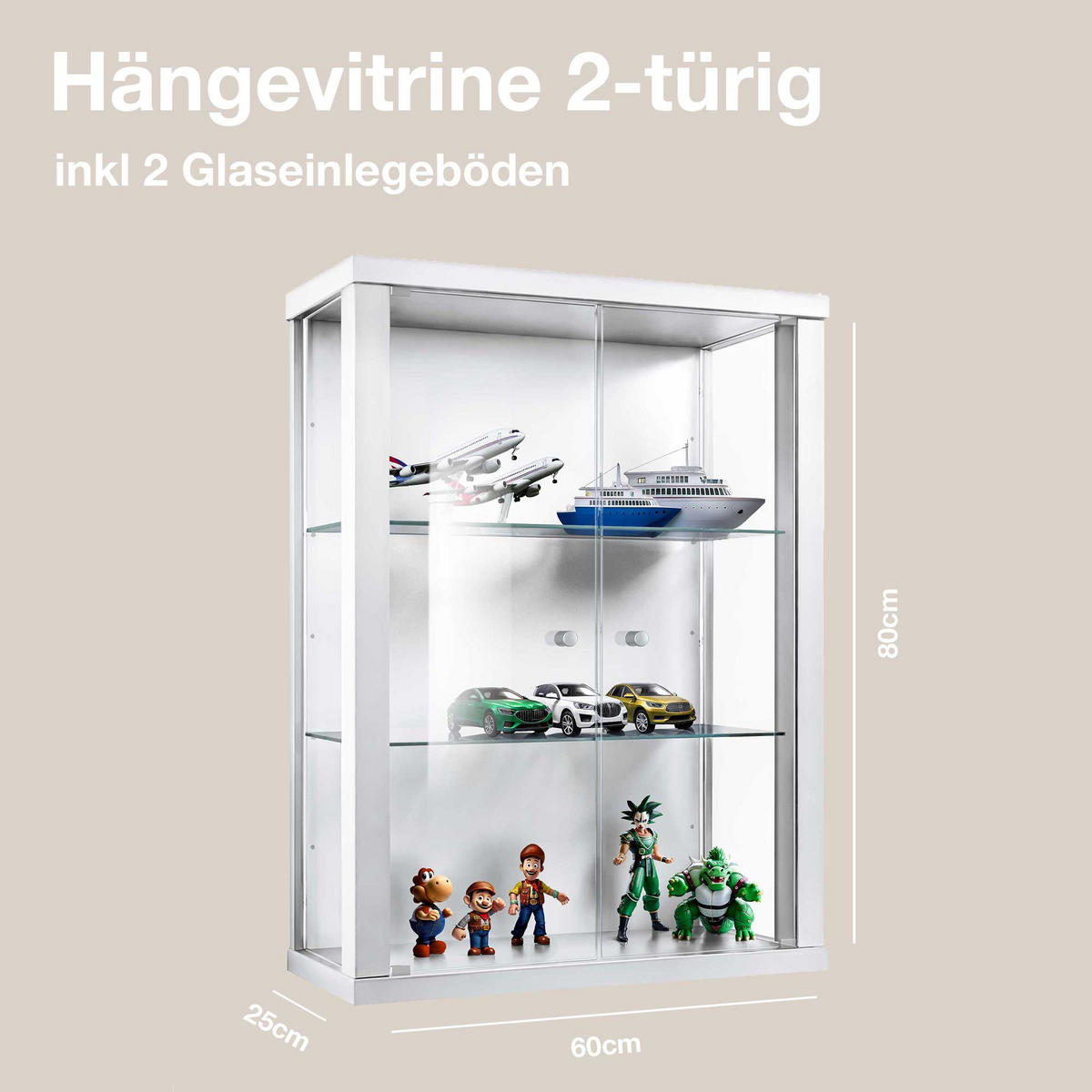 HÄNGEVITRINE 25/60/80 cm mit 2 höhenverstellbaren Glasböden - Transparent/Silberfarben, Glas/Holzwerkstoff (60/80/25cm) - K-Möbel