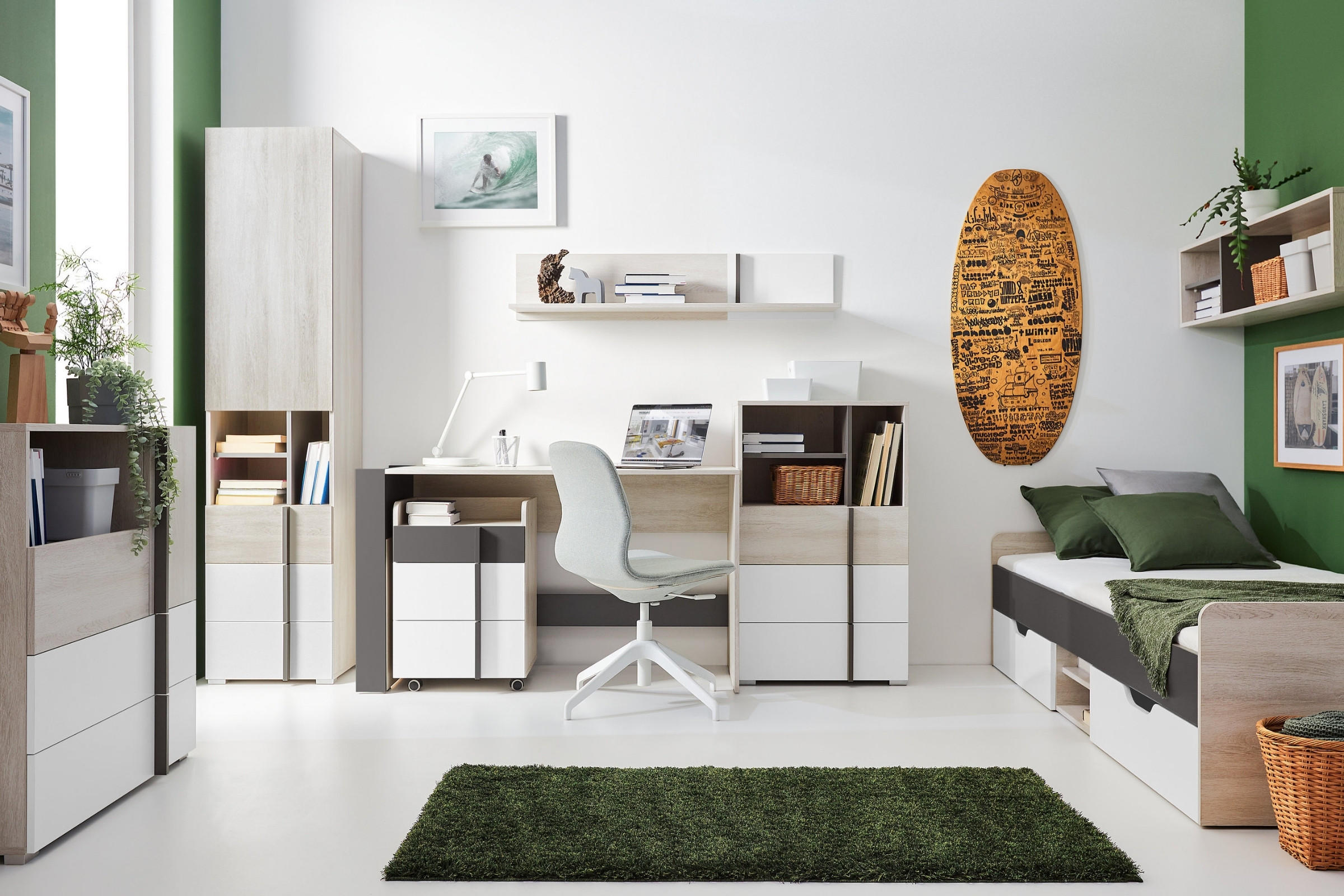 JUGENDBETT REMI 15 90/200 in Eichenweiß / Weiß Matt / Anthrazit - Eichefarben/Anthrazit, Holzwerkstoff (90/200cm) - Deine Möbel 24