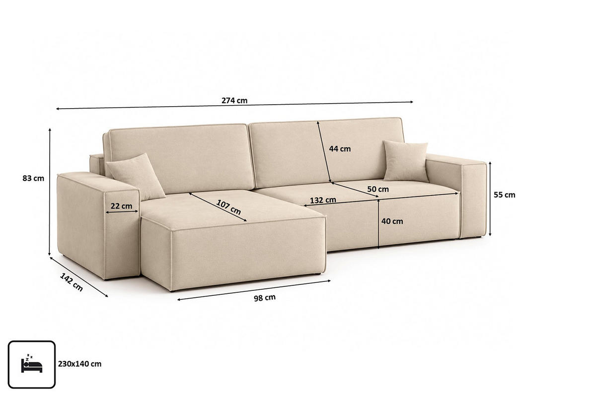 ECKSOFA L-Form Mit Schlaffunktion Und Bettkasten, Veloursstoff Bluvel, Creme, Links, BEST XL - Creme, Holz (274/142cm) - Kaiser Möbel
