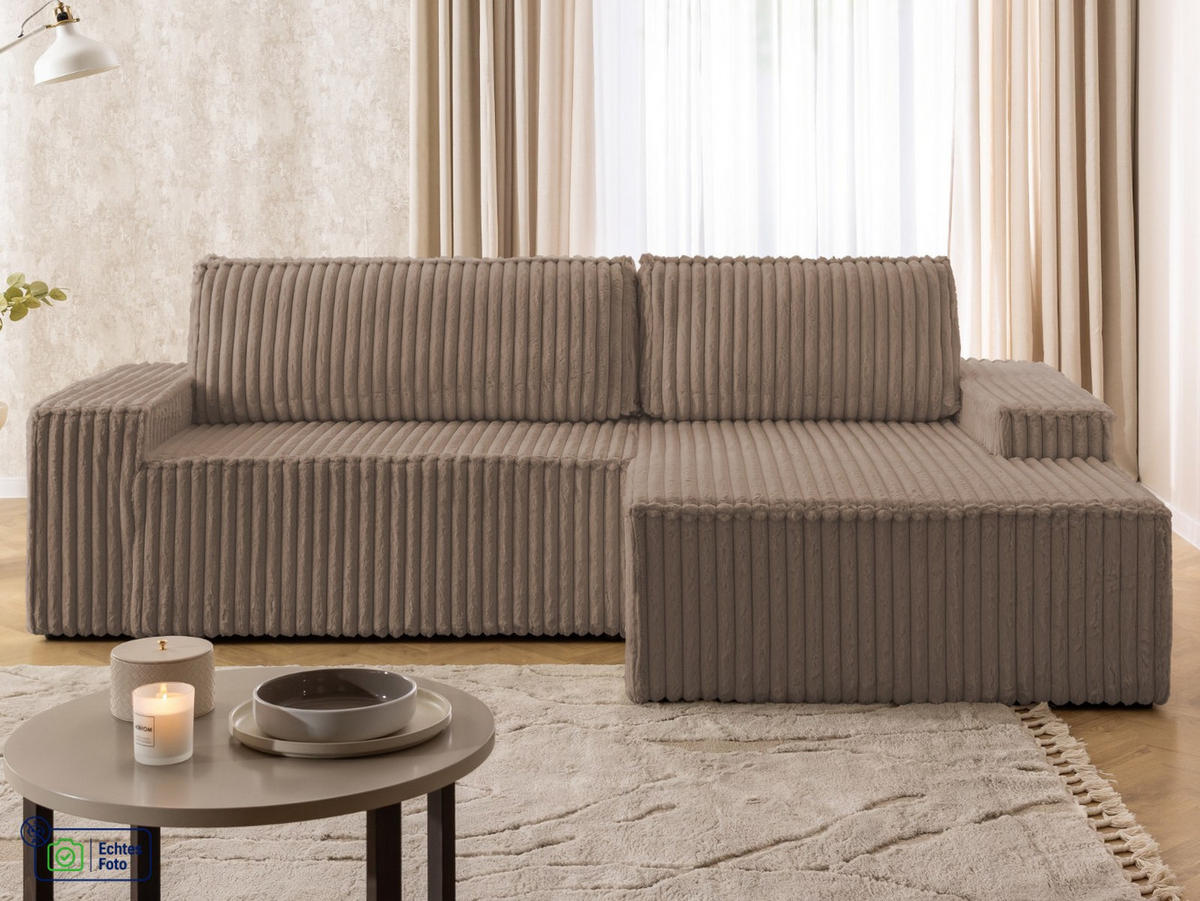 ECKSOFA Rivio mit Schlaffunktion und Bettkasten, Plüschcord Braun - Schwarz/Braun, Holz/Kunststoff (262/149cm) - S-Style