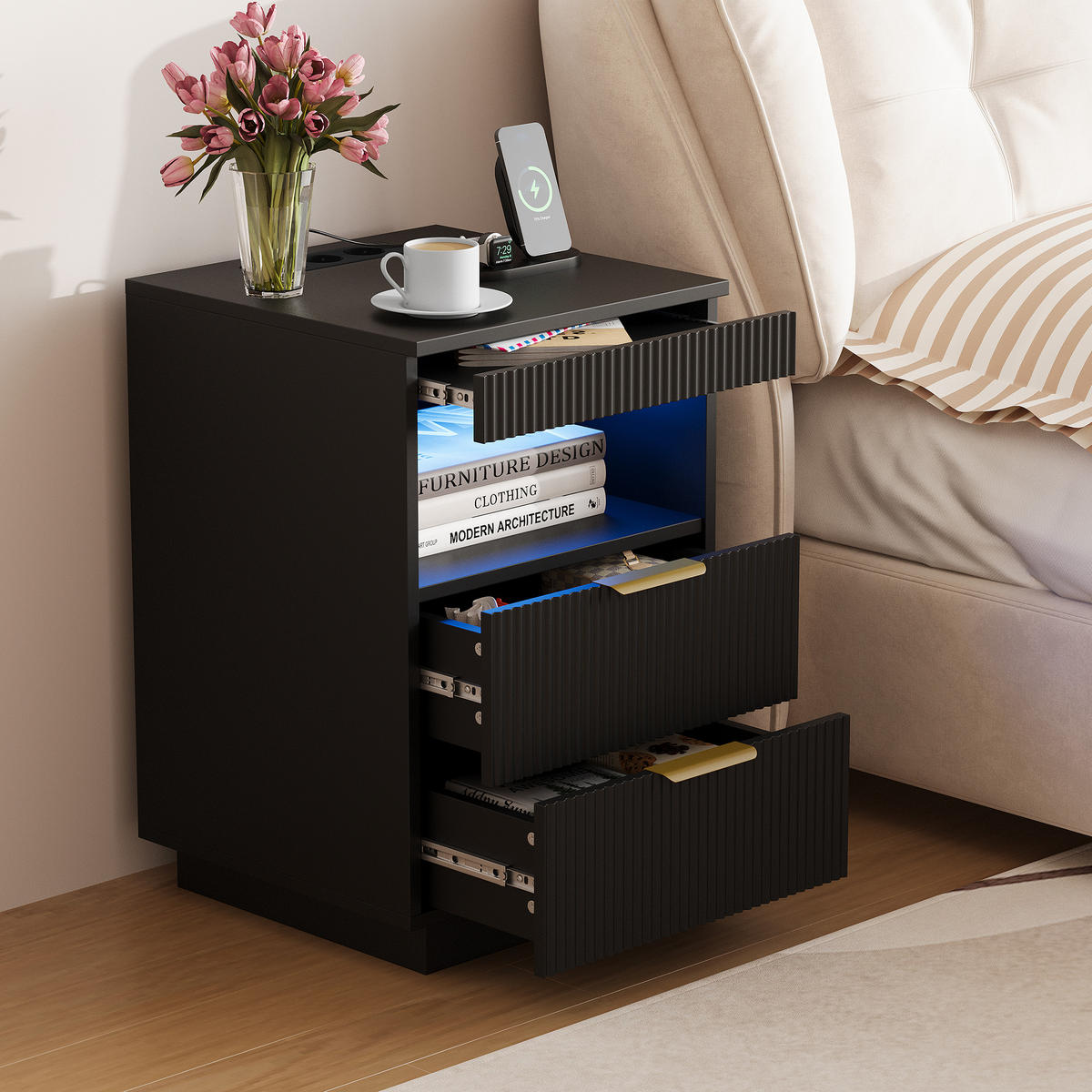 NACHTSHRANK Schwarz mit LED-Beleuchtung, Steckdose, USB & Type-C, Nachttisch mit 2 Schubladen, 40/40/60 cm - Goldfarben/Schwarz, Holz/Metall (40/60/40cm) - BPKADHY