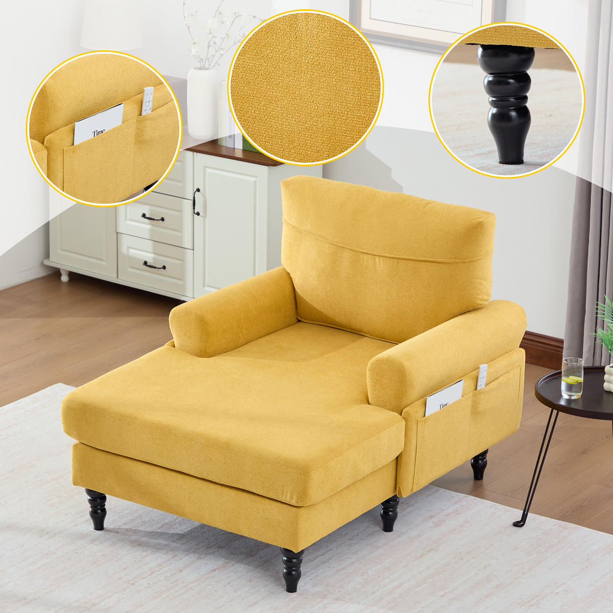 SOFA Chenille Senfgelb mit Stauraum - Gelb, Holz/Holzwerkstoff (97/86/125.5cm) - WISHDOR