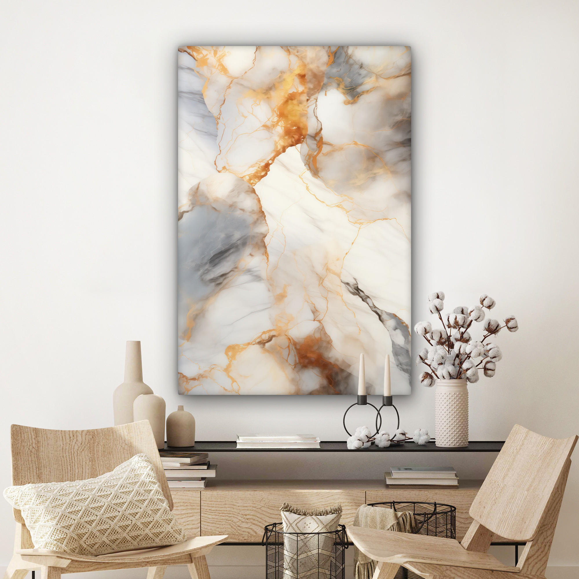 LEINWANDBILD Marmor - Grau - Gold 90x140 cm - Weiß, Textil (90/140cm) - MuchoWow