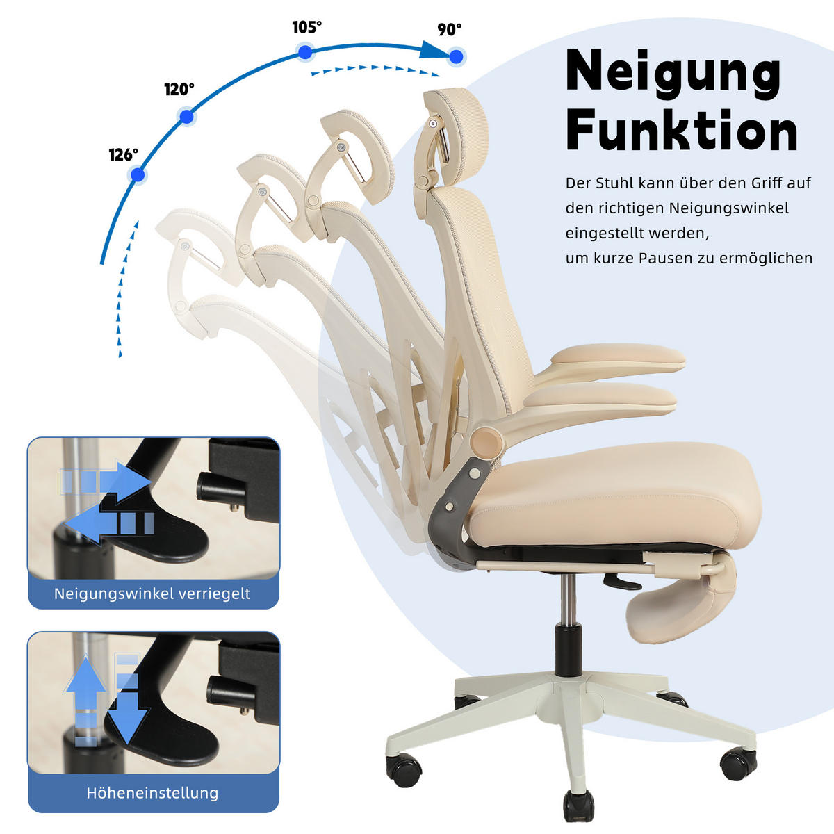 DREHSTUHL DE-40943 mit klappbarer Rückenlehne und 3D-Kopfstütze Creme - Creme, Metall (62/129/48.5cm) - ComfortXL