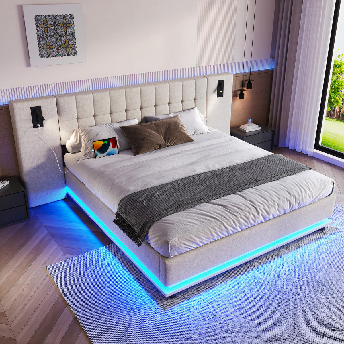 POLSTERBETT 180/200 cm Beige mit LED-Beleuchtung, Spot und USB-Anschluss aus Leinen - Beige, Textil (180/200cm) - OKWISH