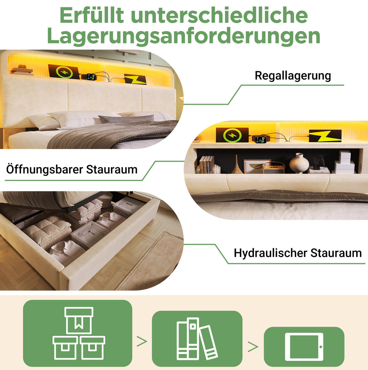 POLSTERBETT aus Samt 180x200 cm in Beige mit LED & USB/Type-C-Ladestation - Beige, Textil (180/200cm) - Modfu