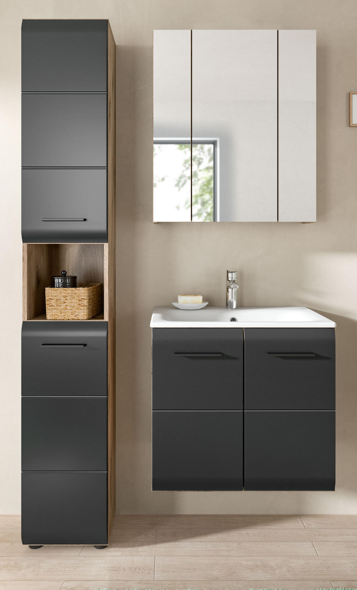 BADMÖBEL-SET 3-teilig Schwarz matt, Eiche Nox, Badezimmer Komplett-Set mit Waschbecken, 105 x 185 cm - Eichefarben/Schwarz, Glas/Keramik (105/185/46cm) - Inn.Furn