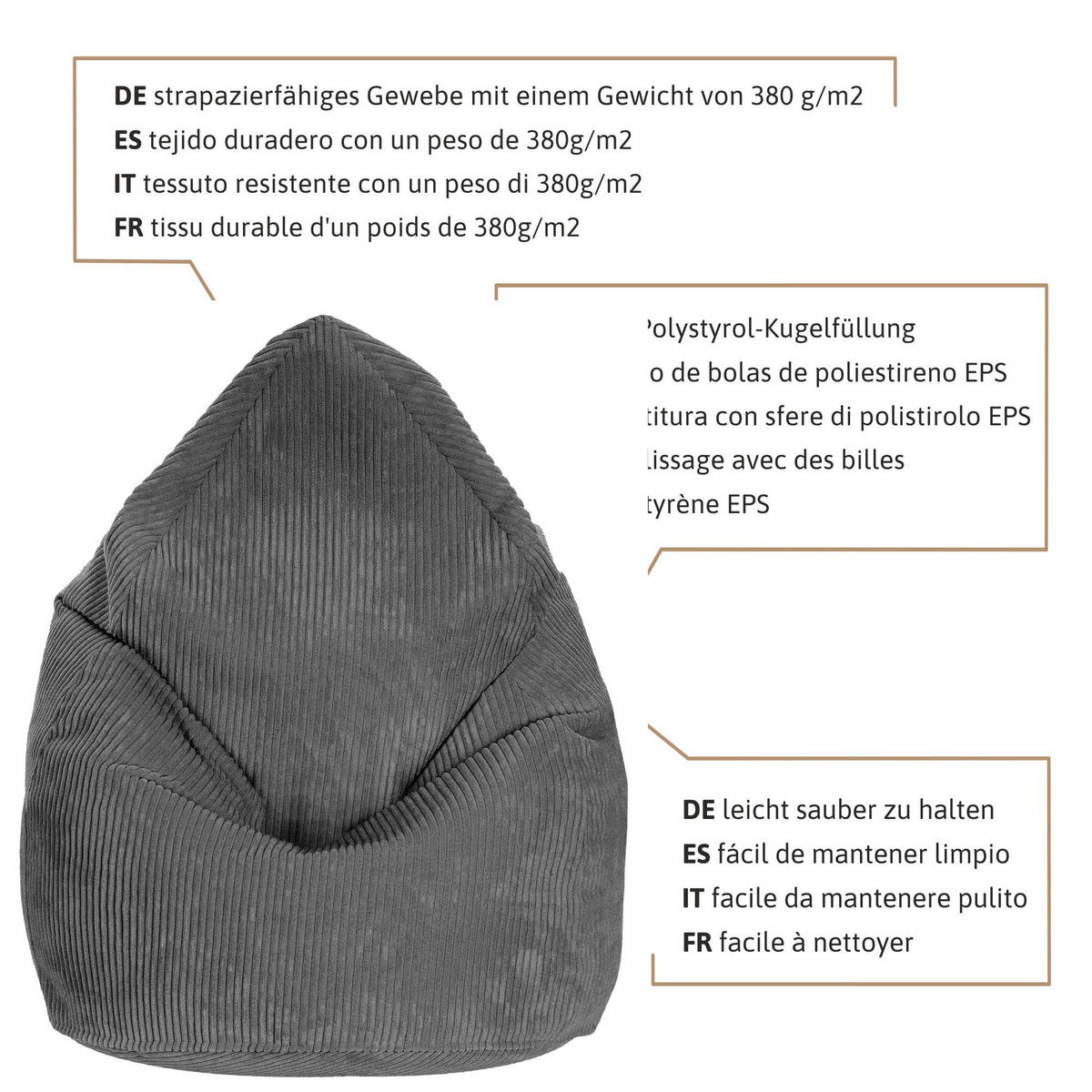 SITZSACK MIT FUßSTÜTZE Kordsamt 2-tlg Granite Gray S - Dunkelgrau/Grau, Textil (70/105/70cm) - Dreamroots