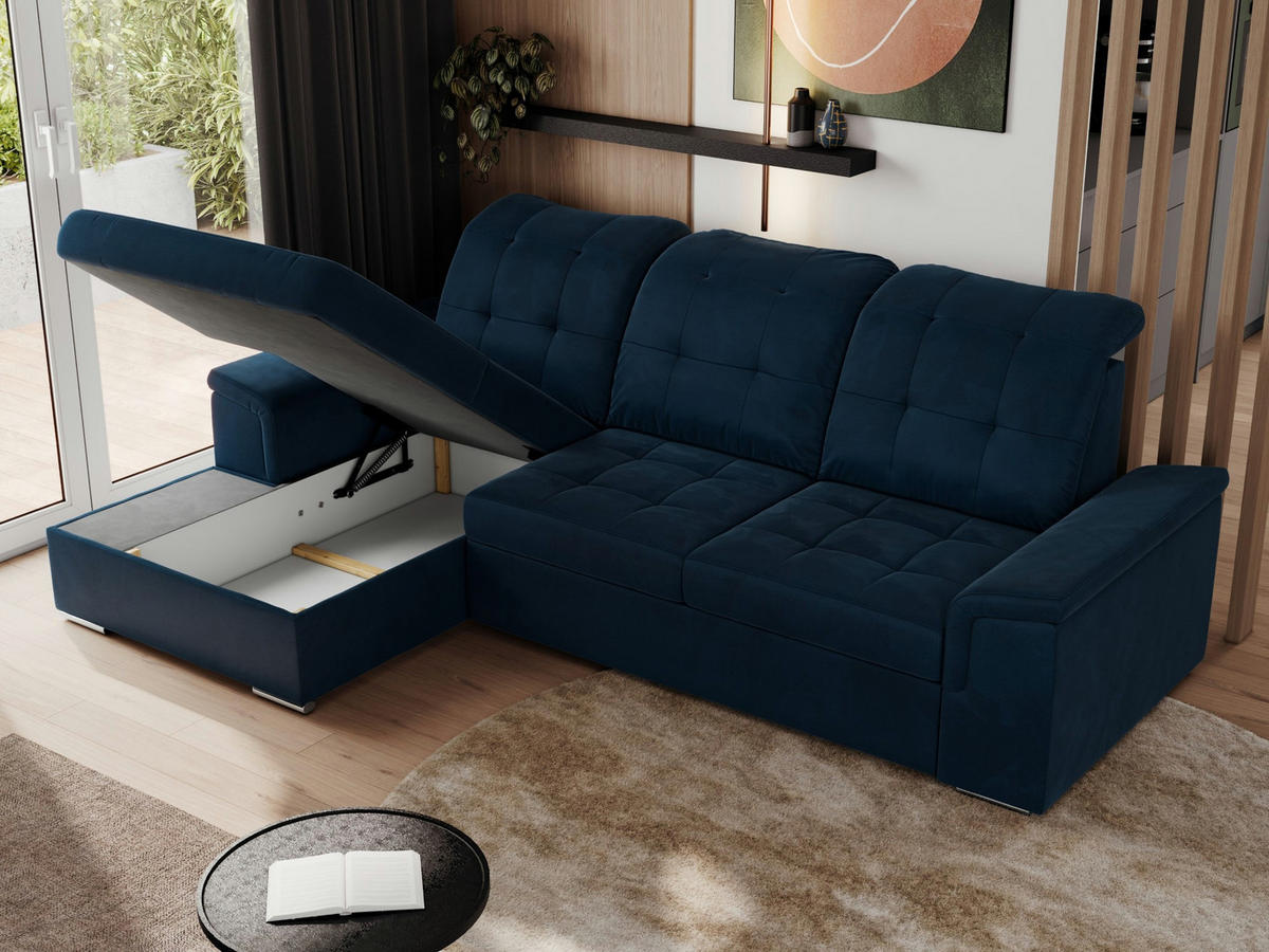 ECKSOFA MADRITO L - Dunkelblau Velorus - Links - Silberfarben/Dunkelblau, Textil/Metall (160/256cm)