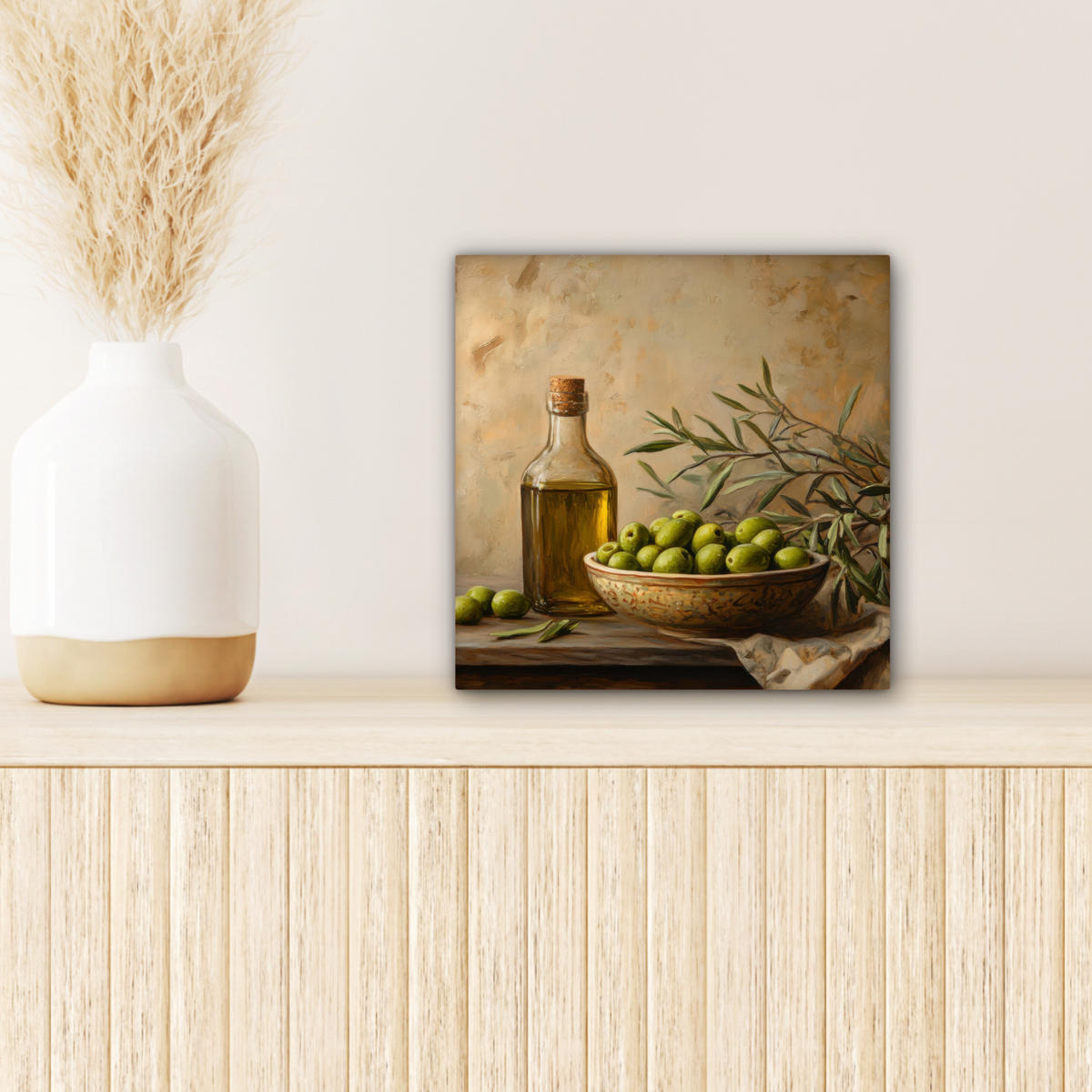 LEINWANDBILD Oliven - Stilleben - Vintage Deko Wohnzimmer 20x20 cm - Olivgrün, Textil (20/20cm) - MuchoWow