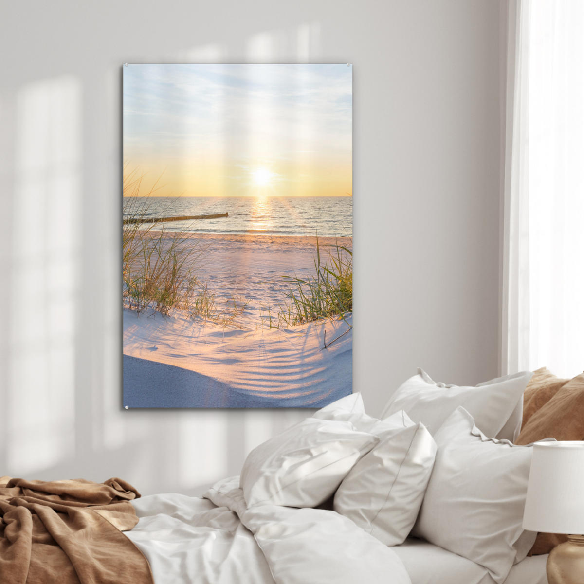 ACRYLGLASBILD Strand - Sonne - Düne - Gras - Sand - Horizont 60x90 cm - Hellblau, Glas (60/90cm) - MuchoWow