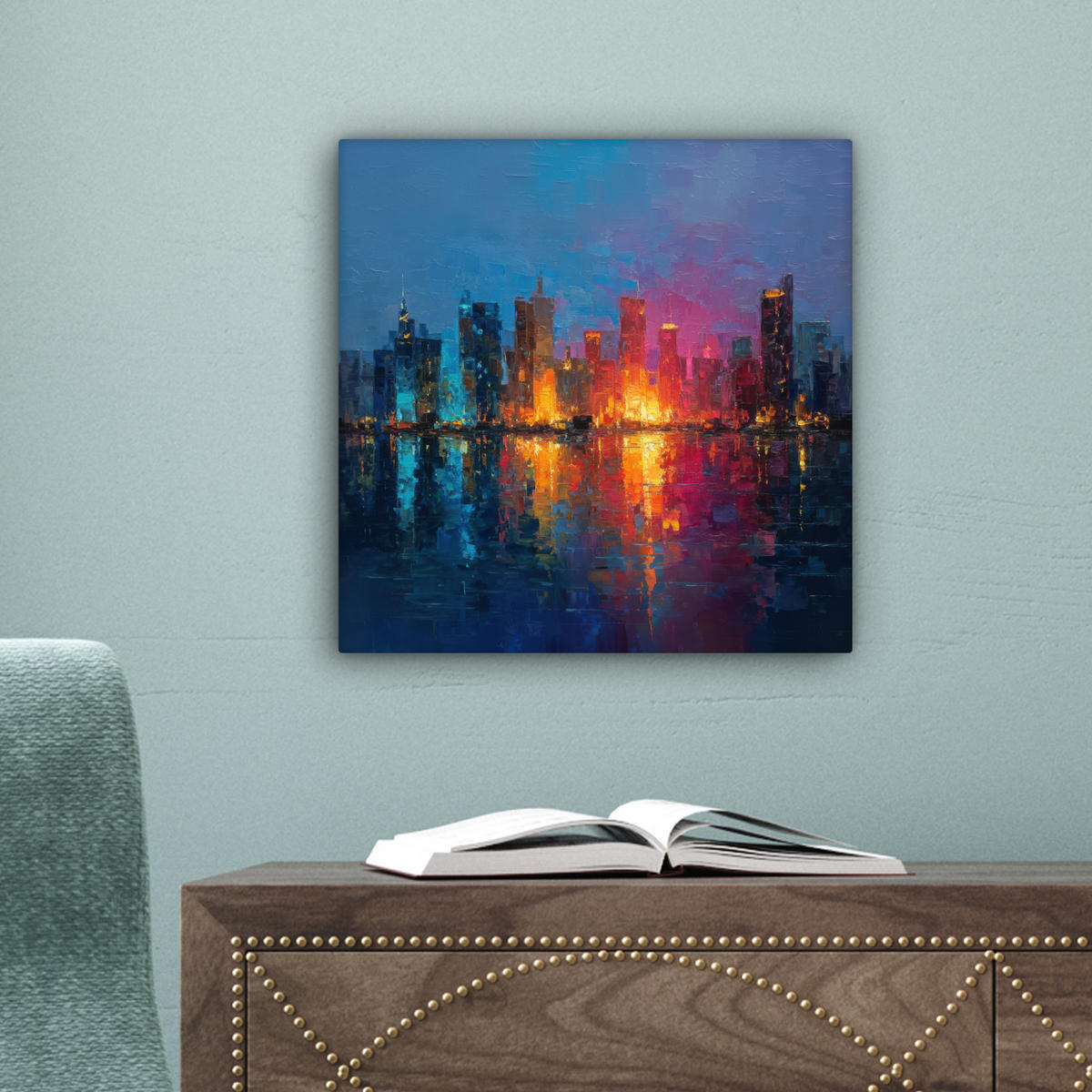 LEINWANDBILD Skyline - Pinselstriche - Dunkelblau - Leuchtend Deko Wohnzimmer 20x20 cm - Blau, Textil (20/20cm) - MuchoWow