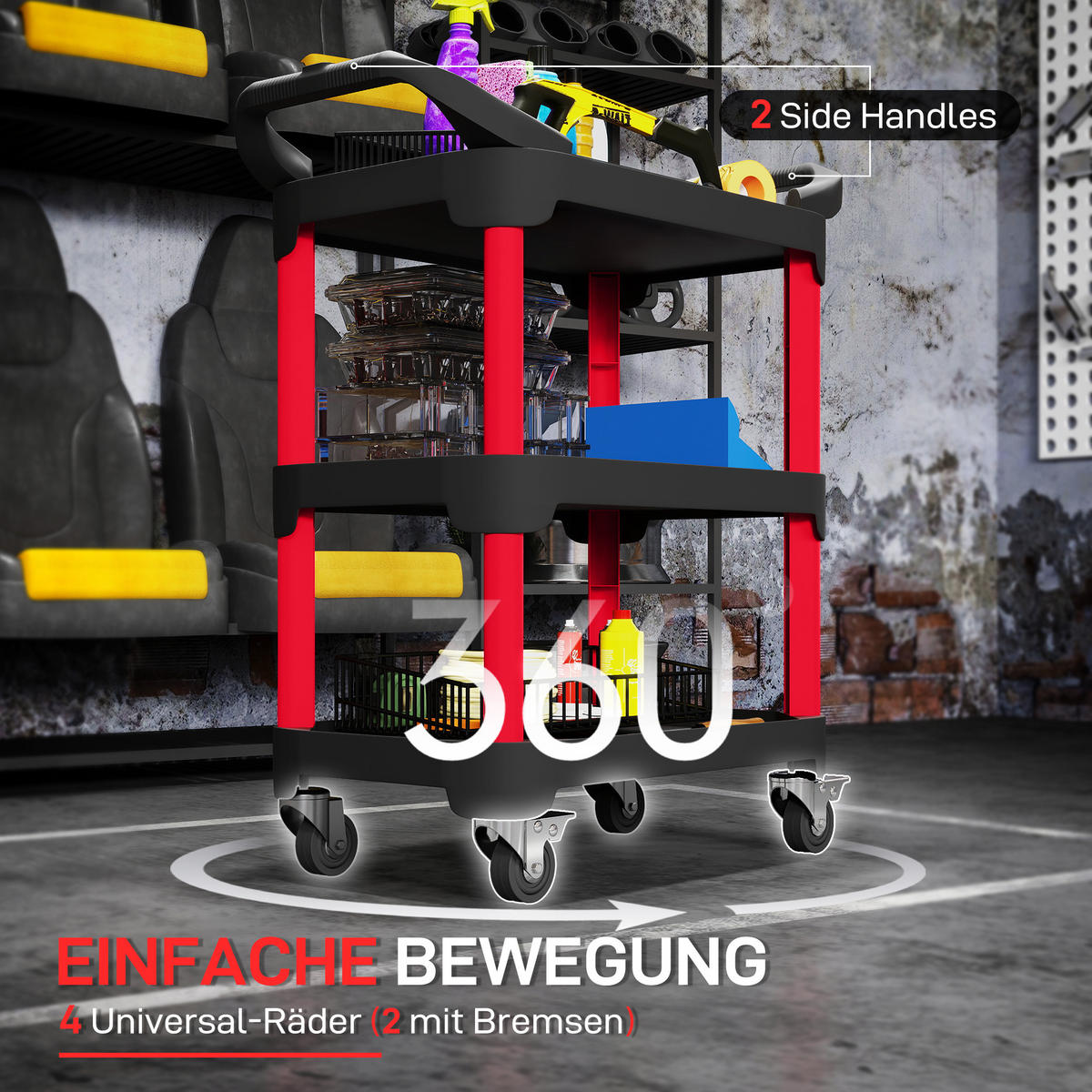 WERKSTATT-ROLLWAGEN mit 3 Ebenen Werkstattwagen mit Griff für Garage Schwarz - Schwarz, Kunststoff (43/96/81cm) - HOMCOM