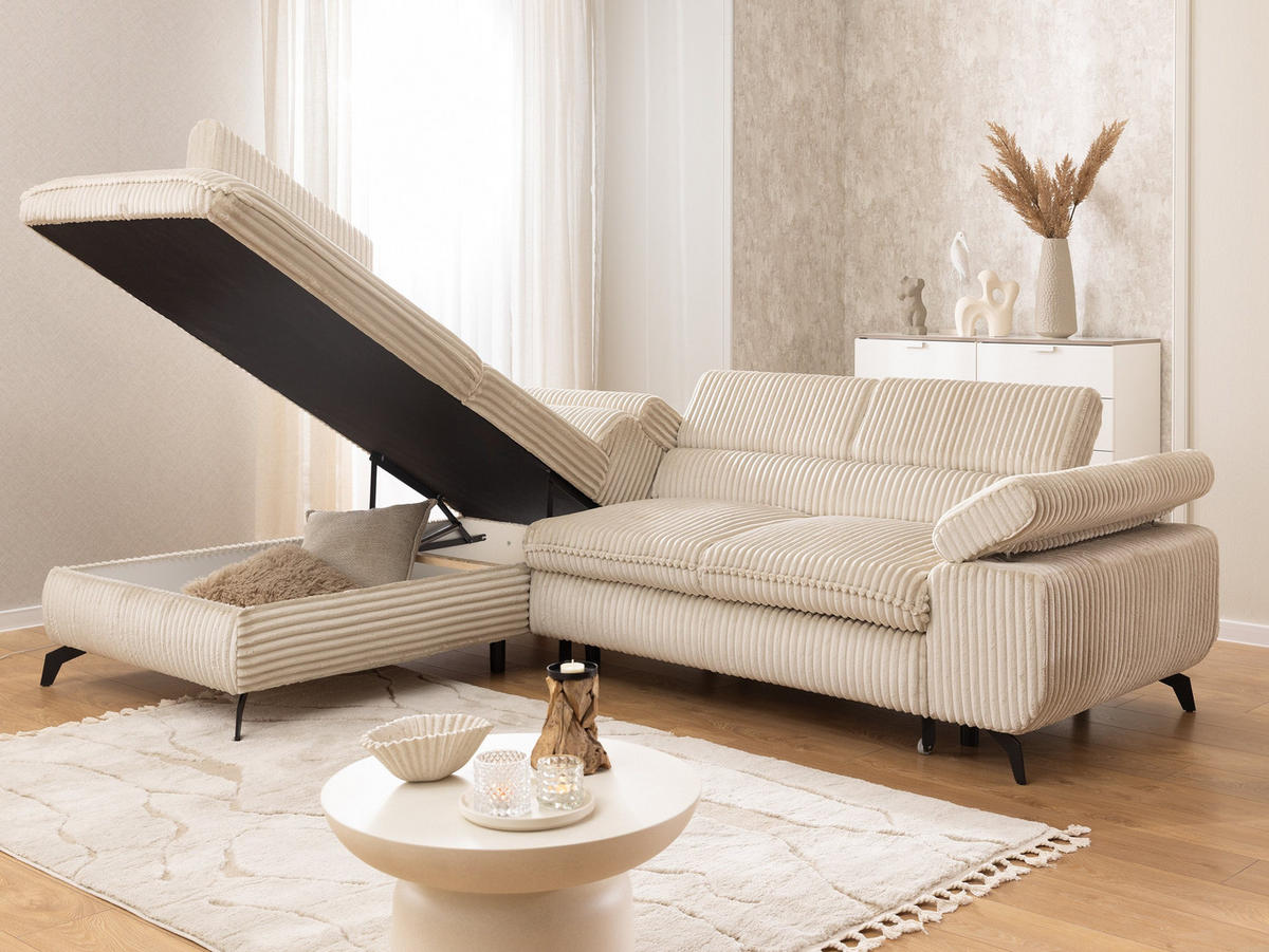 ECKSOFA mit Schlaffunktion und Bettkasten Bonnie aus Hellbeige Cord-Stoff mit verstellbaren Kopfstützen und Armlehne - Ottomane links - Beige/Schwarz, Holz/Textil (275/210cm) - S-Style Möbel