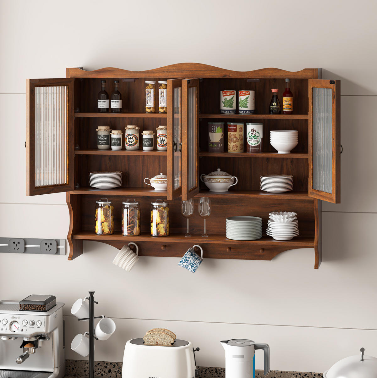 KÜCHENOBERSCHRANK 100x20x80 cm Braun aus Massivholz & Glas mit 4 Türen & Haken - Braun, Holz (100/80/20cm) - Modfu