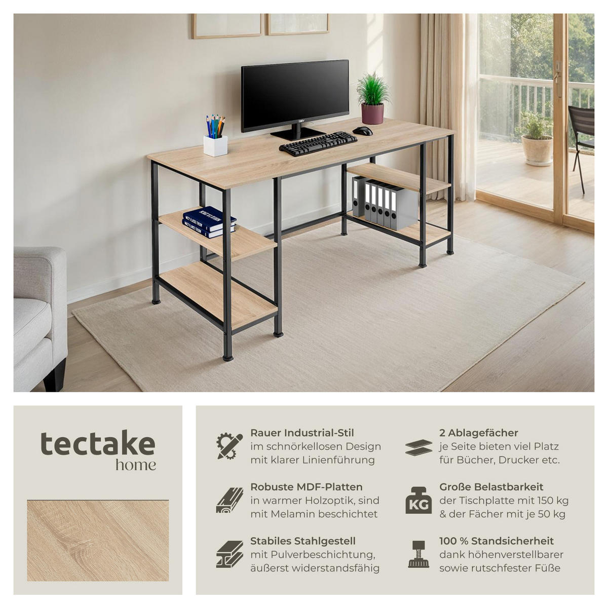 COMPUTER-SCHREIBTISCH Stoke,137 x 55 x 75 cm,Industrial Holz hell, Eiche Sonoma - Naturfarben, Holz (137/55/75cm) - tectake
