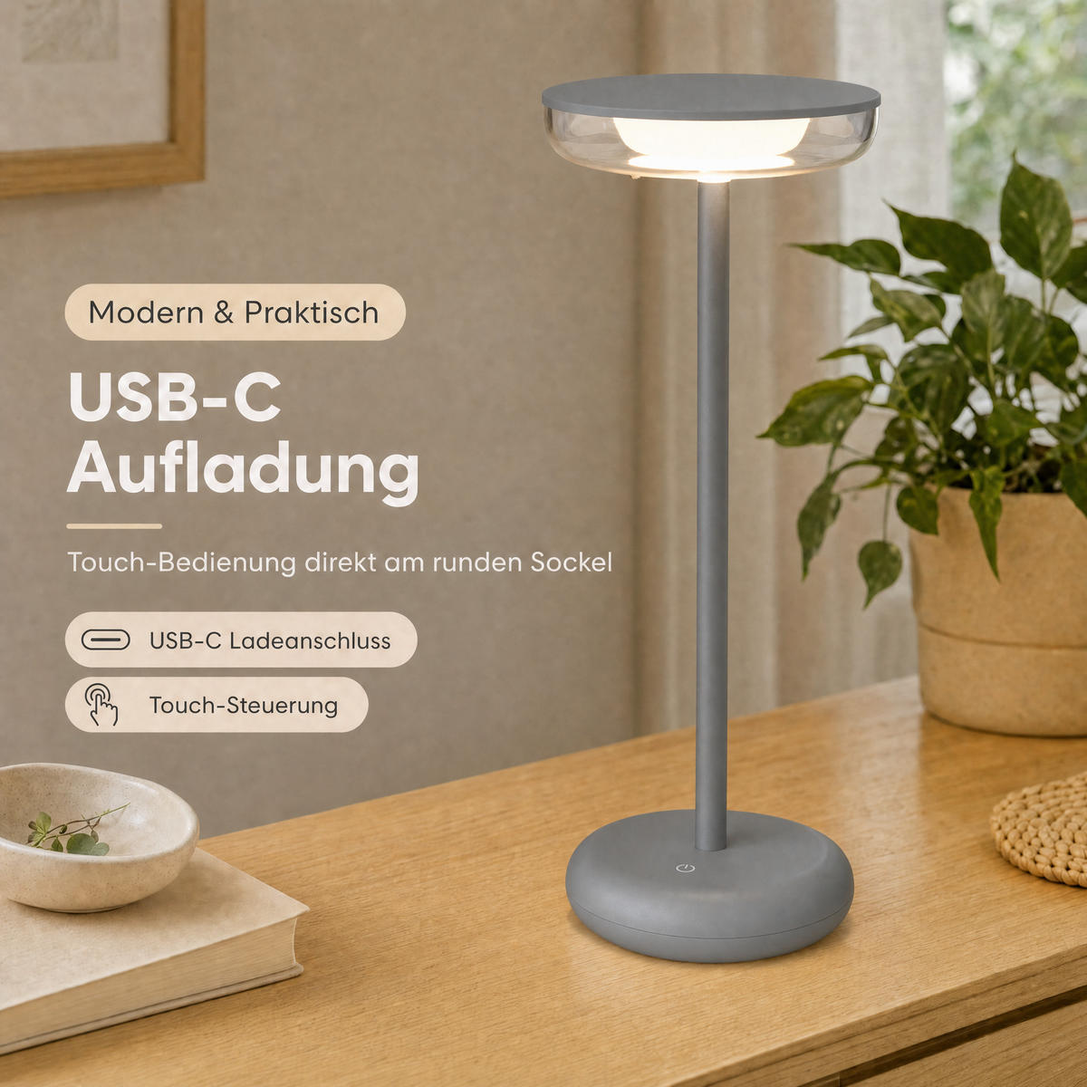 LED-TISCHLAMPE Grau Dimmbar Akku 1800mAh 180lm warmweiß Touch USB-C Nachttischleuchte Höhe 27,4 cm - Grau, Kunststoff (11/11/27.4cm) - Northpoint