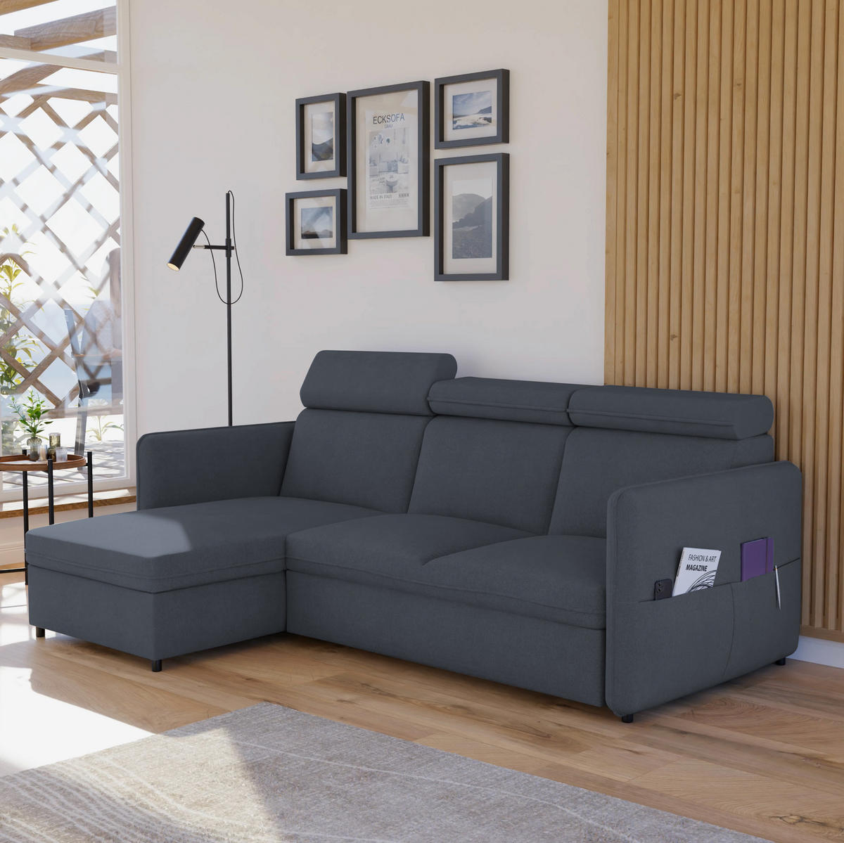 ECKSOFA mit Schlaffunktion und Bettkasten, Grau - Grau, Holzwerkstoff/Textil (220/140cm) - Idohome