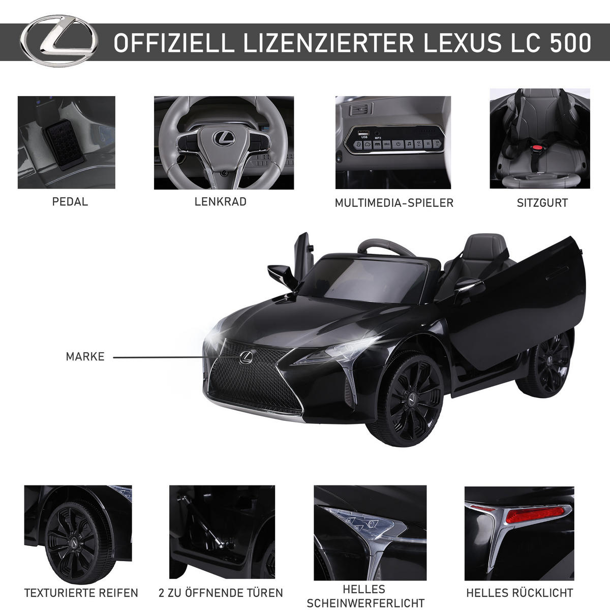 KINDERAUTO von Lexus Kinderfahrzeug Elektroauto mit MP3 Licht Musik Schwarz - Schwarz, Kunststoff (106/63/44cm) - HOMCOM