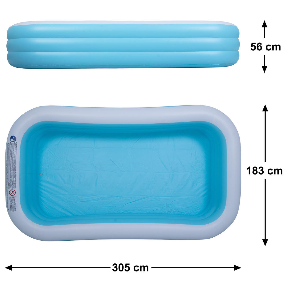 SUNCLUB Planschbecken rechteckig 305 x 183 x 56 cm blau mit 3 Luftringen und Ablaufventil - Blau, Kunststoff (305/183/56cm) - Avenli