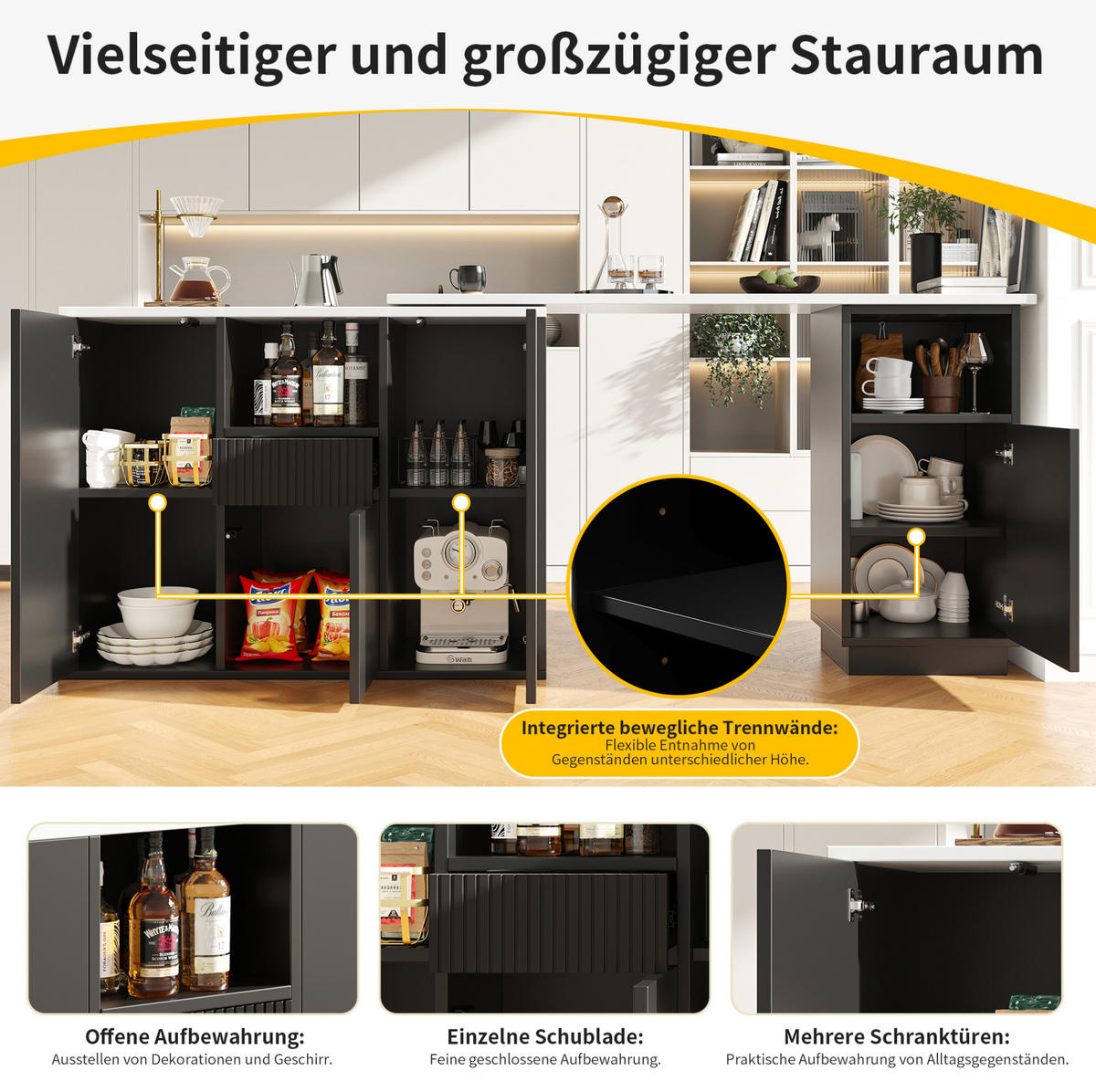 KÜCHENINSEL 210/30/100,9 cm aus MDF mit 360° drehbarem L-Design Schwarz - Schwarz, Holzwerkstoff (210/100.9/30cm) - Modenvie