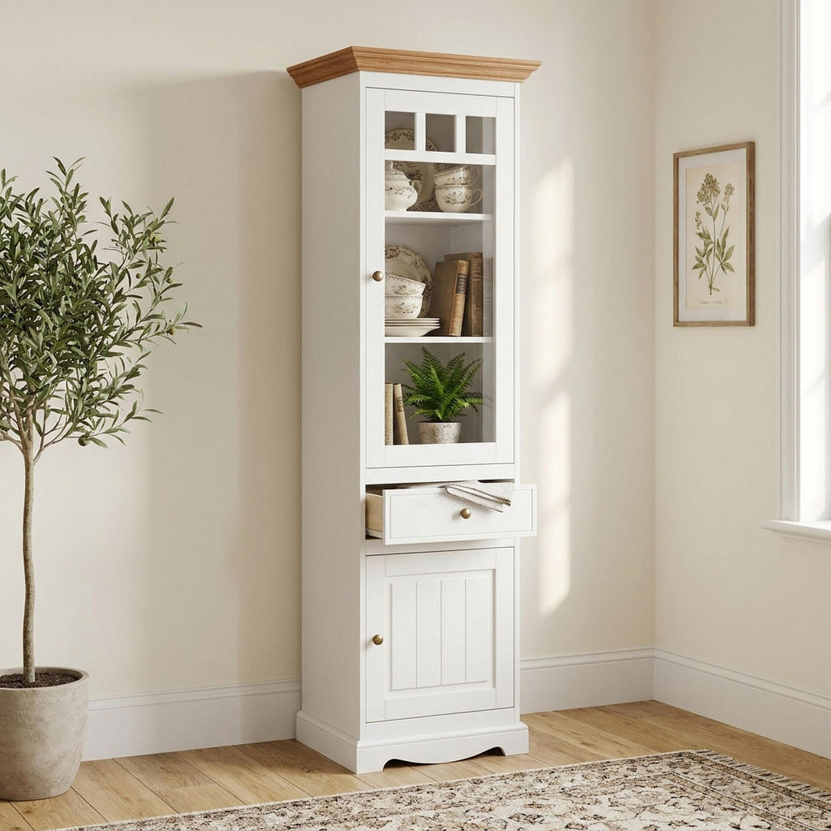 VITRINE Belluno Elegante Kiefer weiß (RAL9010) lackiert / Kiefer gebeizt, Eichefarben 59,5 / 44 / 190cm - Eichefarben/Weiß, Holz/Metall (60/190/44cm) - Feldmann-Wohnen