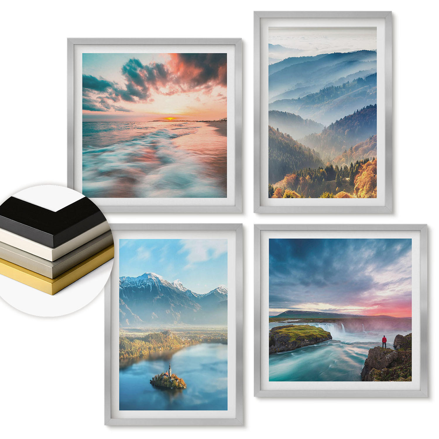 WANDBILDER 4er Set - 50x50 cm & 40x60 cm Silberner Rahmen - Berglandschaften, Wasserfälle - Silberfarben, Kunststoff (50/50cm) - ArtPrintCave