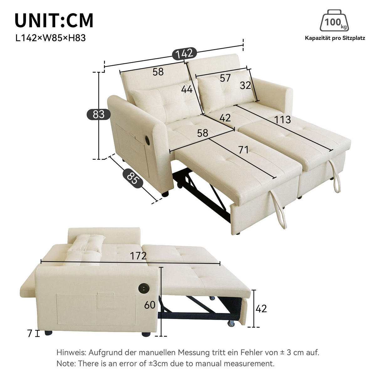 SCHLAFSOFA 3-in-1 Baumwoll-Leinen ausziehbar mit Rückenlehne 120/160/180 Grad Beige 142/85/83 cm - Beige, Textil (85/83/142cm) - Redom