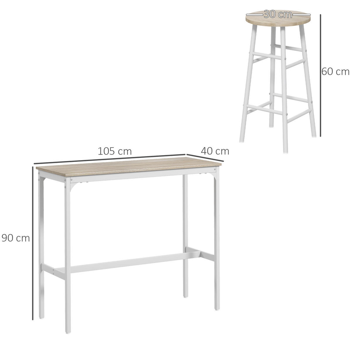BARTISCH-SET DE-14727 2 Hocker mit Fußstütze Holzoptik/Weiß - Eichefarben, Holzwerkstoff (105/40/90cm) - ComfortXL