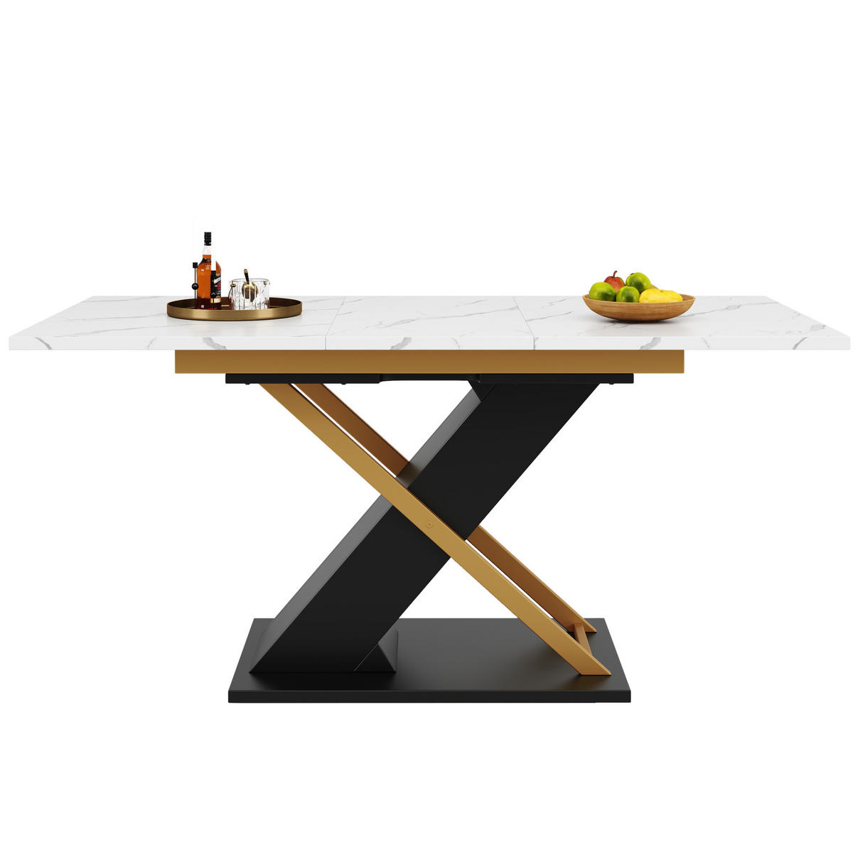 ESSTISCH 120-160x80x75 cm in Weiß Gold Schwarz aus MDF mit Marmoroptik auf schwarzen Kreuzbeinen ausziehbar - Weiß, Holzwerkstoff (160/80/75.4cm) - Modfu