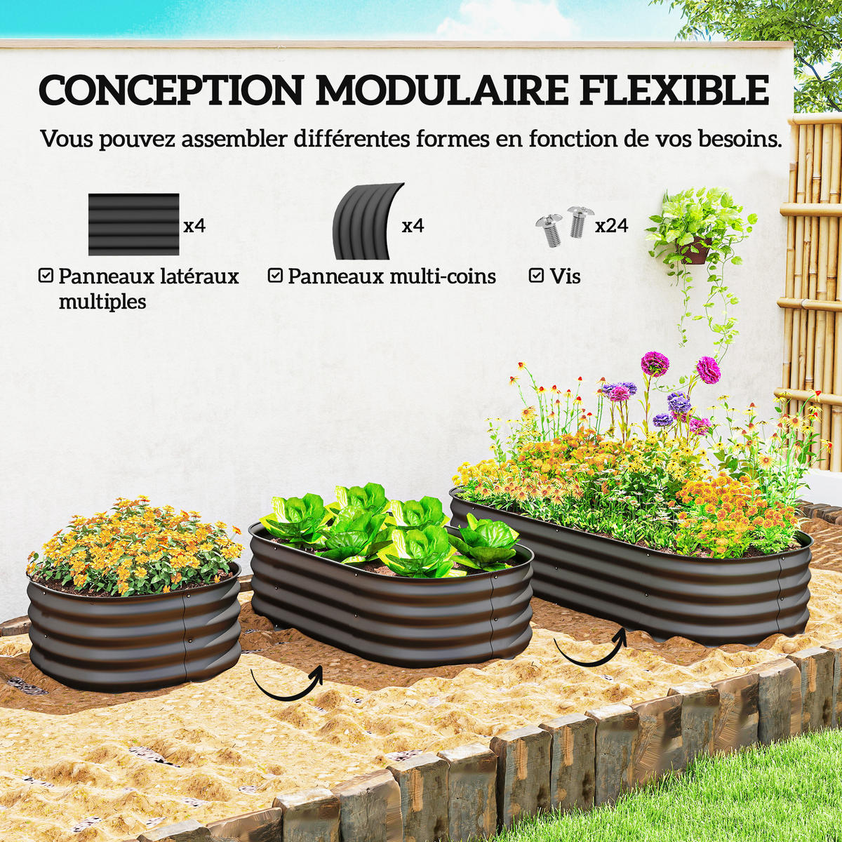 HOCHBEET DE-12255 modular 150/62/30 cm mit Gummikante Grau - Dunkelgrau, Metall (150/30/62cm) - ComfortXL