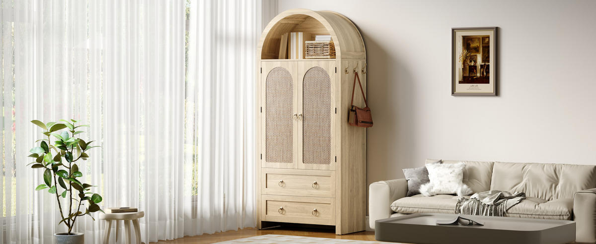 SIDEBOARD Rattan Bogen 2 Schubladen - Eichefarben, Holz (80/180/40cm) - Fortuna Lai