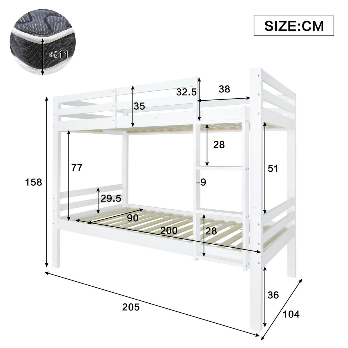 ETAGENBETT 90/200 cm Weiß aus Kiefer mit Absturzsicherung und Winkelleiter - Weiß, Holzwerkstoff (90/200cm) - OKWISH