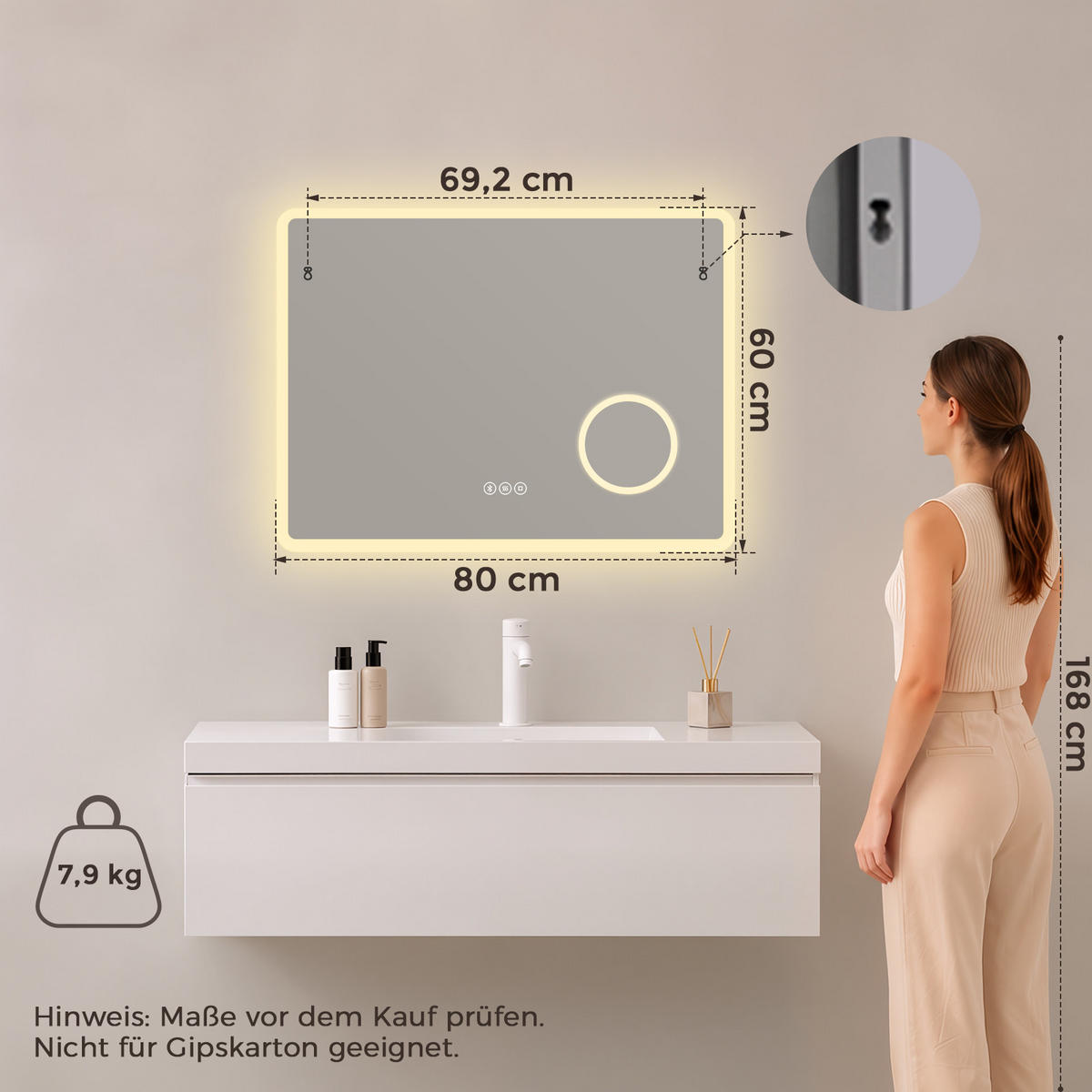 BADSPIEGEL mit Beleuchtung 60/80 cm rechteckig LED, Bluetooth, Vergrößerungsspiegel, Antibeschlag - Transparent, Glas (80/60/3.5cm) - S'AFIELINA