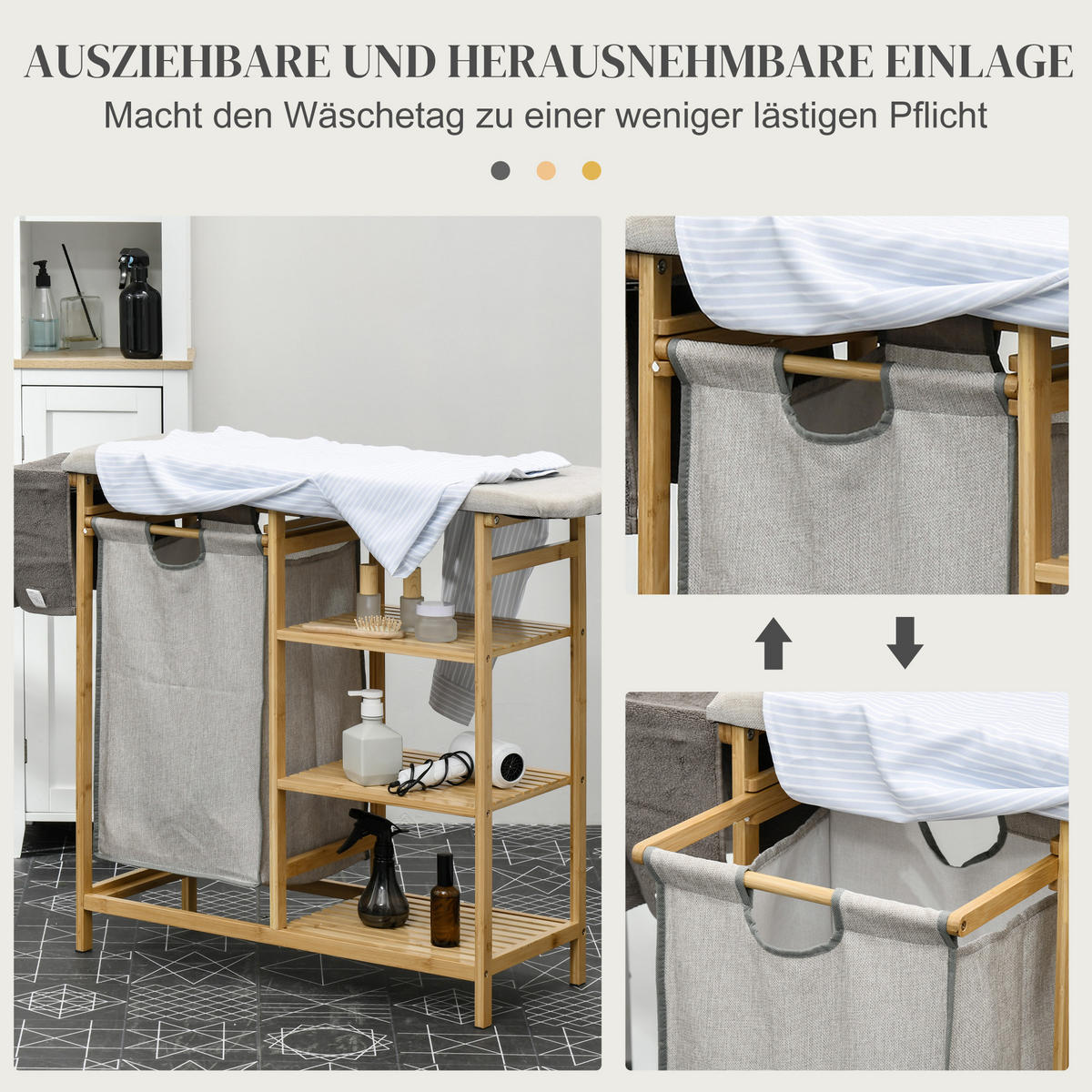 WÄSCHEKORB, 57,4 L Wäschesammler mit Bügelbrett und Bügeleisen, Bambus, Natur - Multicolor, Kunststoff (34/82/113cm) - HOMCOM