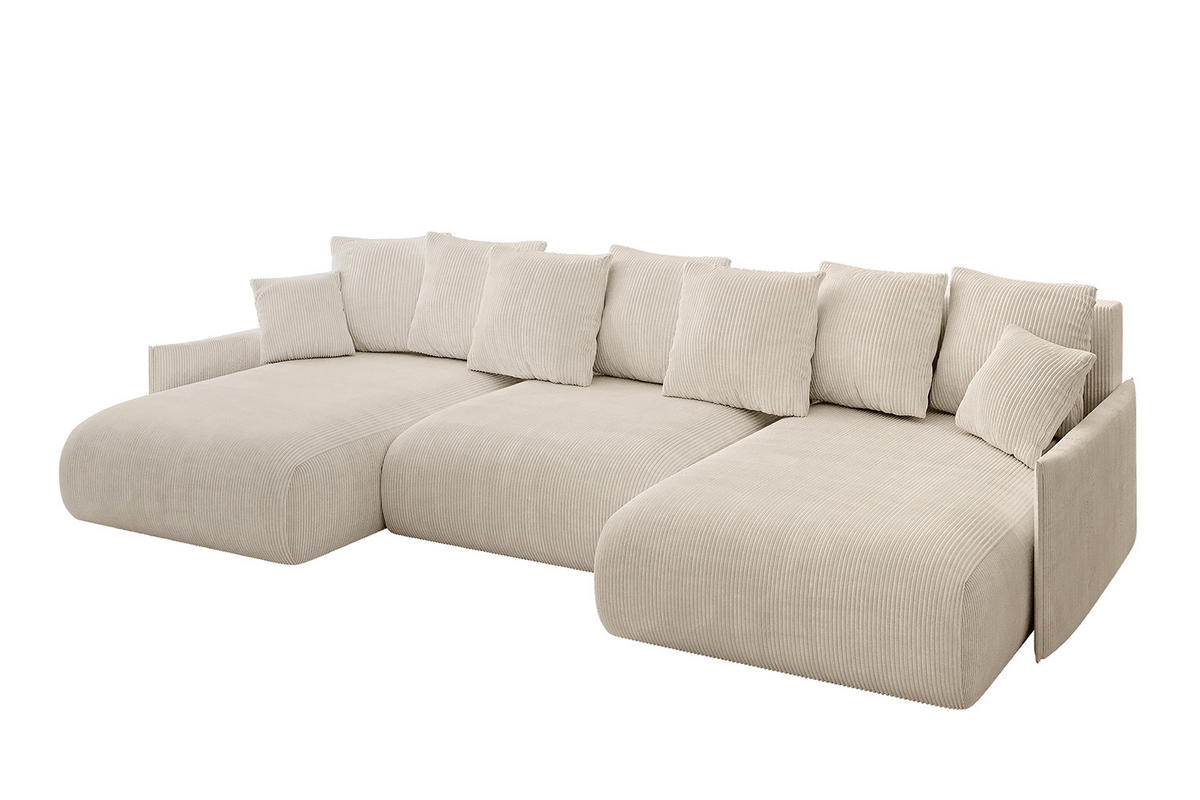 WOHNLANDSCHAFT mit Schlaffunktion und Bettkasten ONESK-U-v1 304x165x40 Beige Cord - Beige, Holzwerkstoff/Kunststoff (304/90/165cm) - ALTDECOR