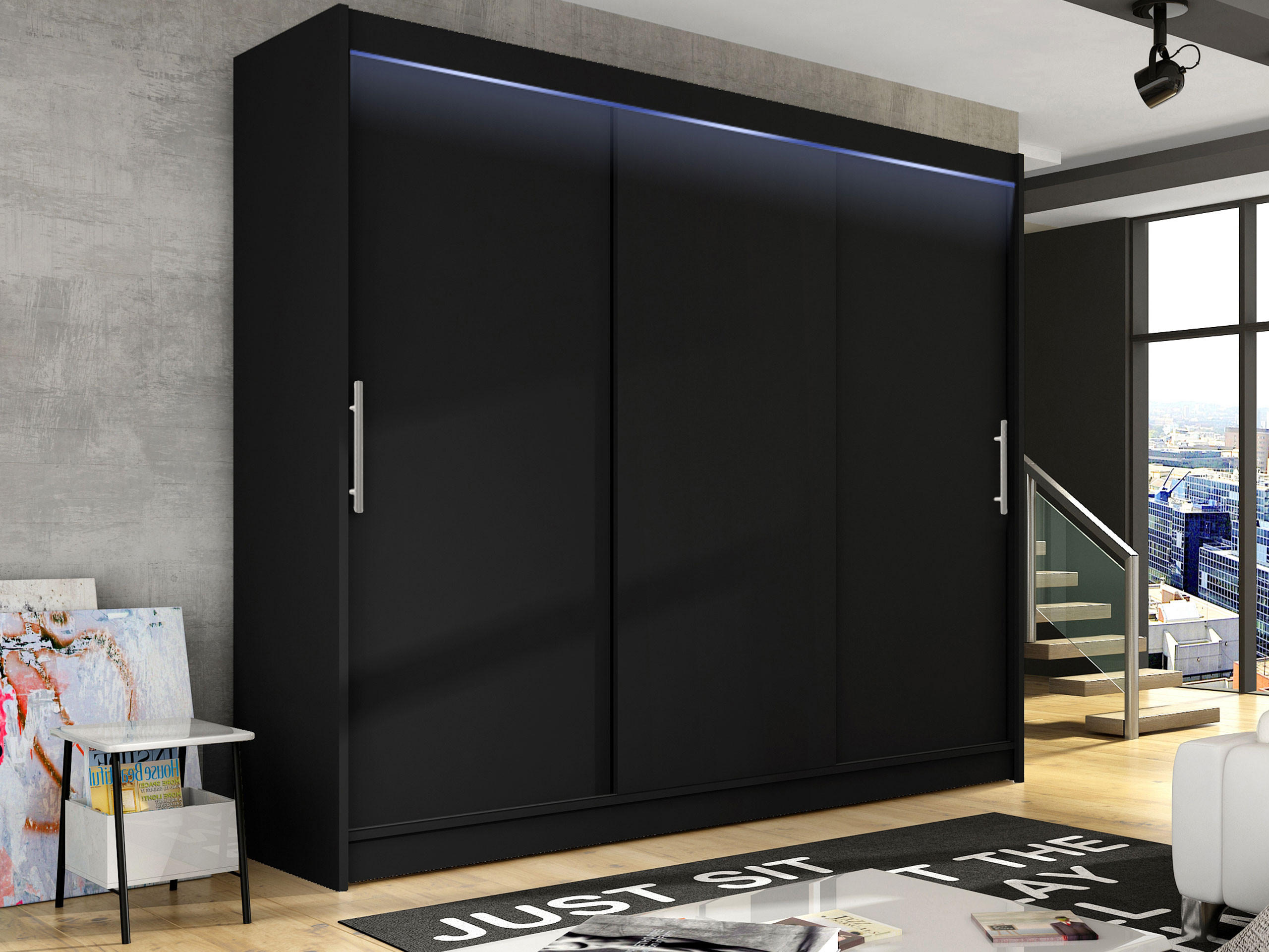 KLEIDERSCHRANK Aston II, mit RGB LED Beleuchtung - Silberfarben/Schwarz, Holzwerkstoff/Kunststoff (250/215/58cm) - MIRJAN24