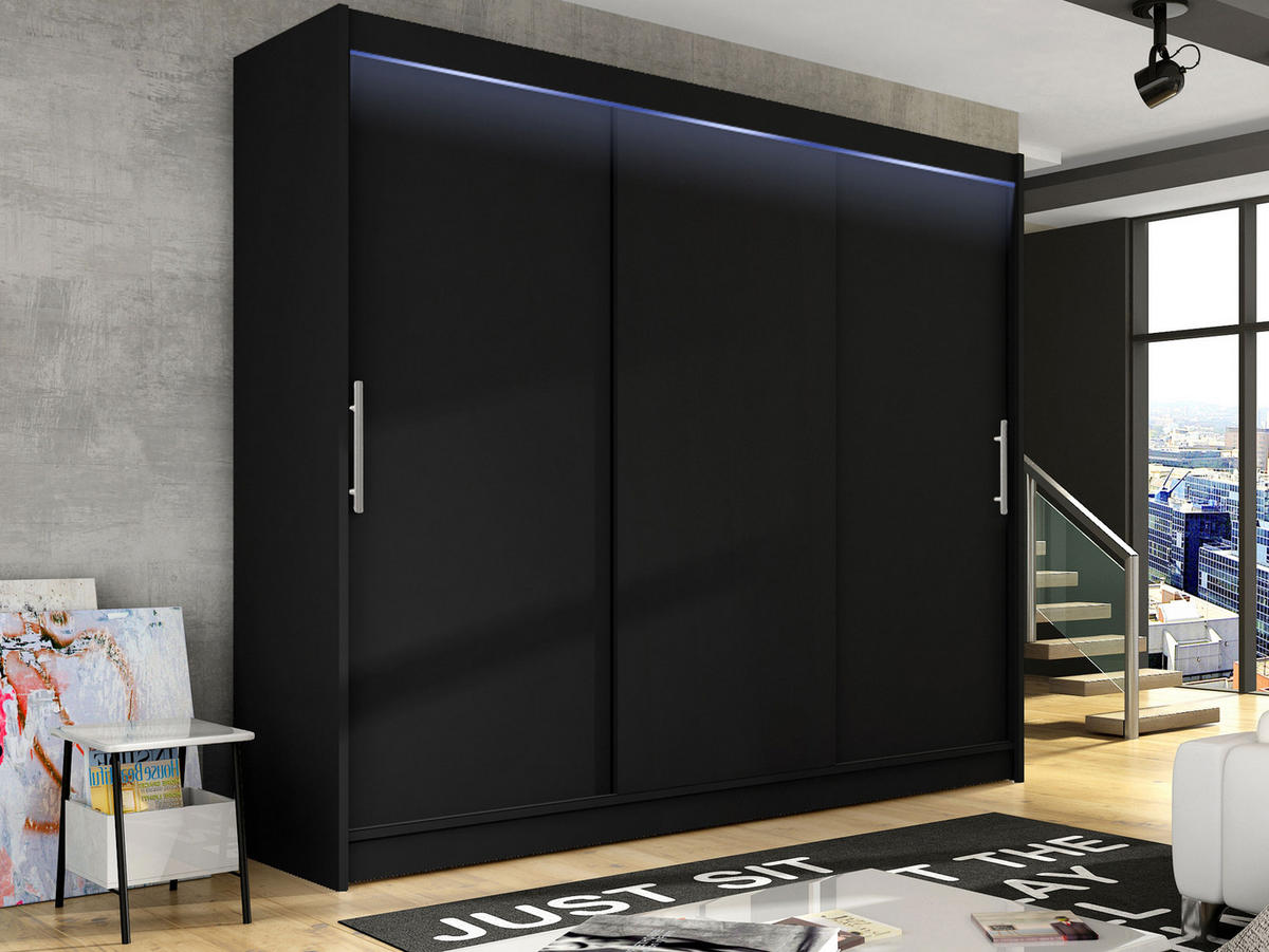 KLEIDERSCHRANK Aston II, mit RGB LED Beleuchtung - Silberfarben/Schwarz, Holzwerkstoff/Kunststoff (250/215/58cm) - MIRJAN24